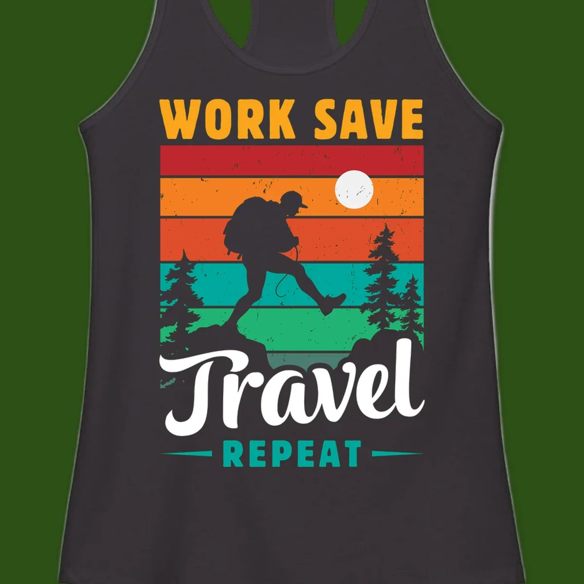 Silhouette of a backpacker hiking through layered landscape with trees and moon, text reads 'Work Save Travel Repeat'