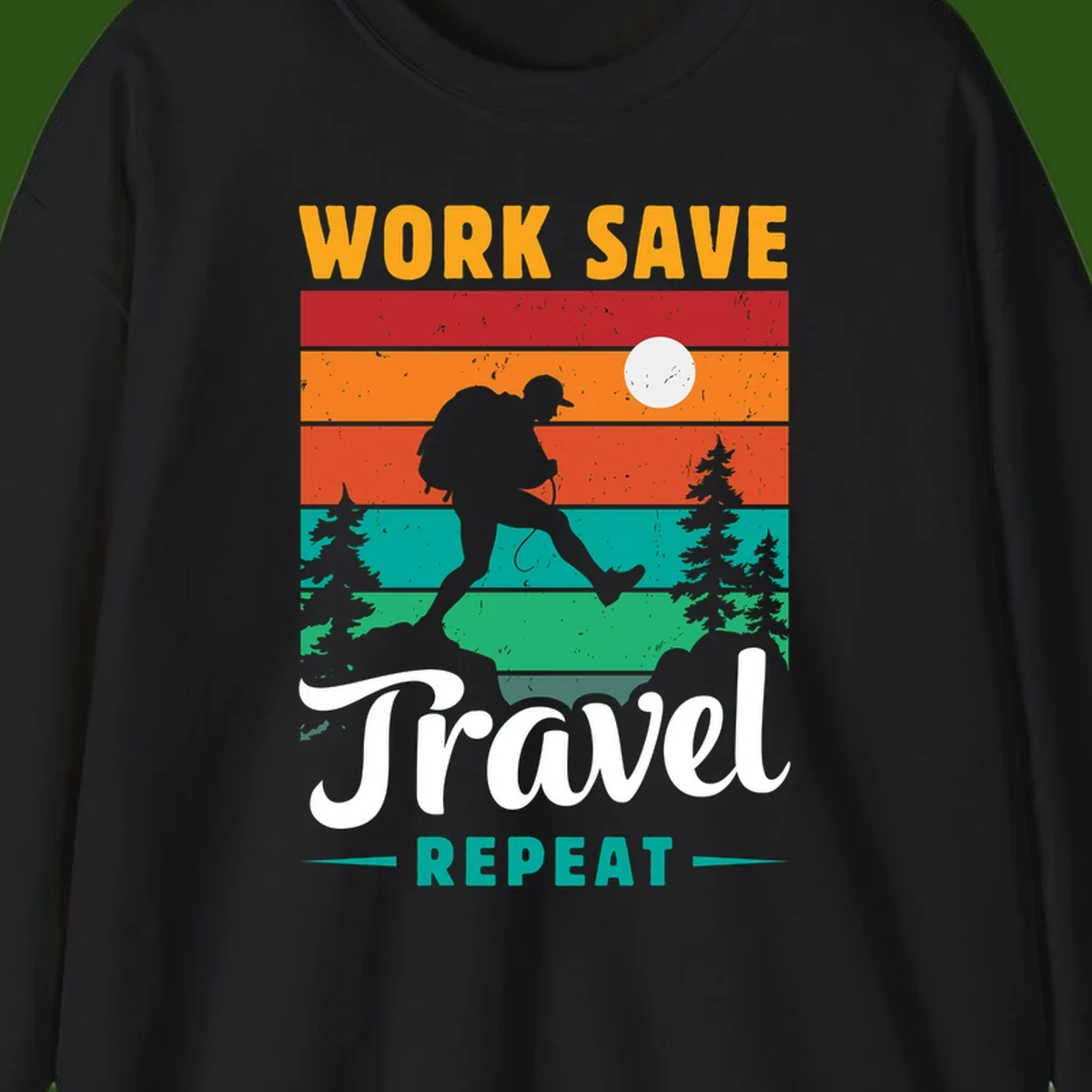 Silhouette of a backpacker hiking through layered landscape with trees and moon, text reads 'Work Save Travel Repeat'