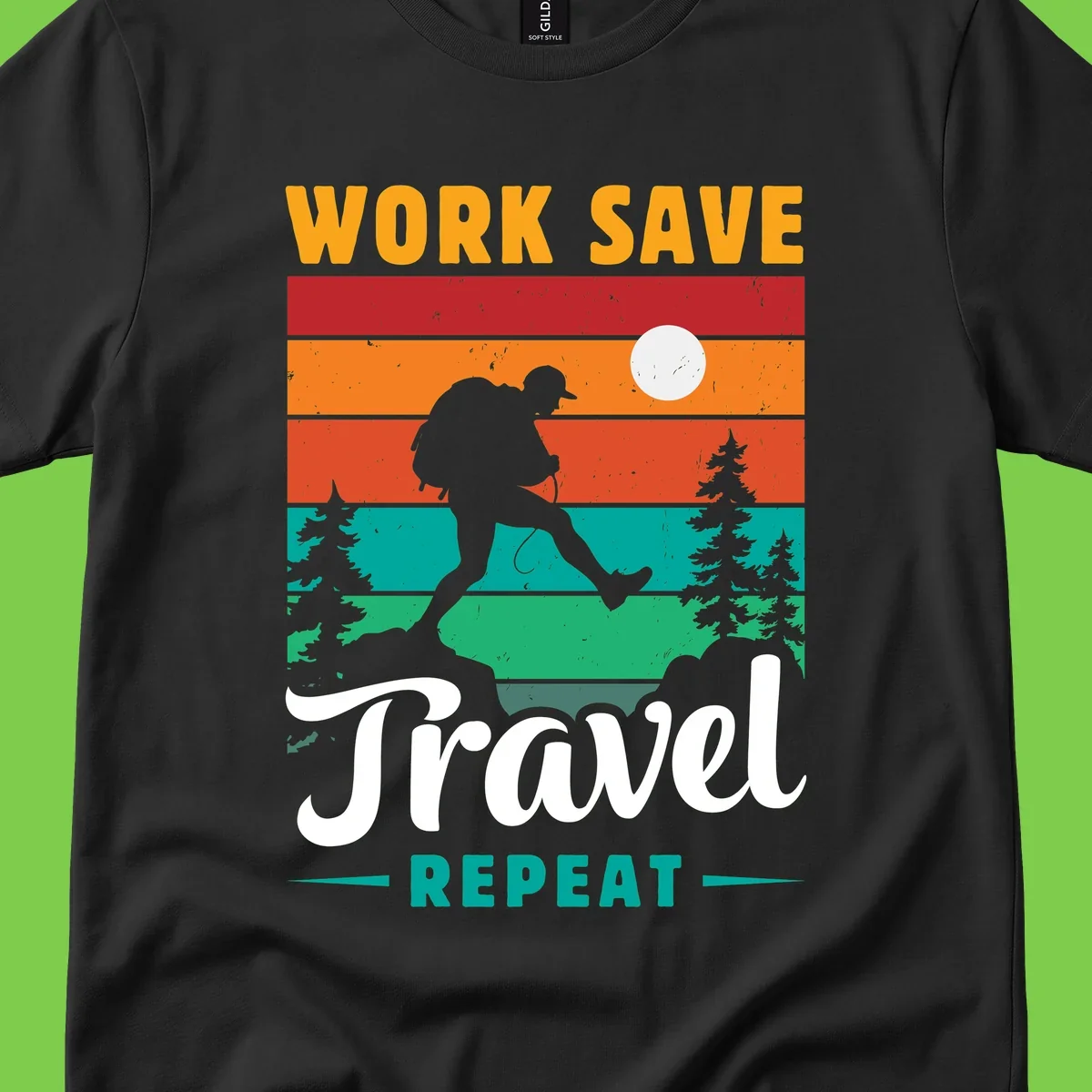 Silhouette of a backpacker hiking through layered landscape with trees and moon, text reads 'Work Save Travel Repeat'