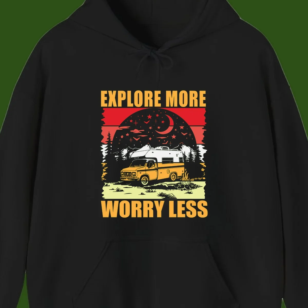 Retro camping illustration with pickup truck, camper trailer, campfire, and starry night sky surrounded by pine trees, with 'Explore More Worry Less' text