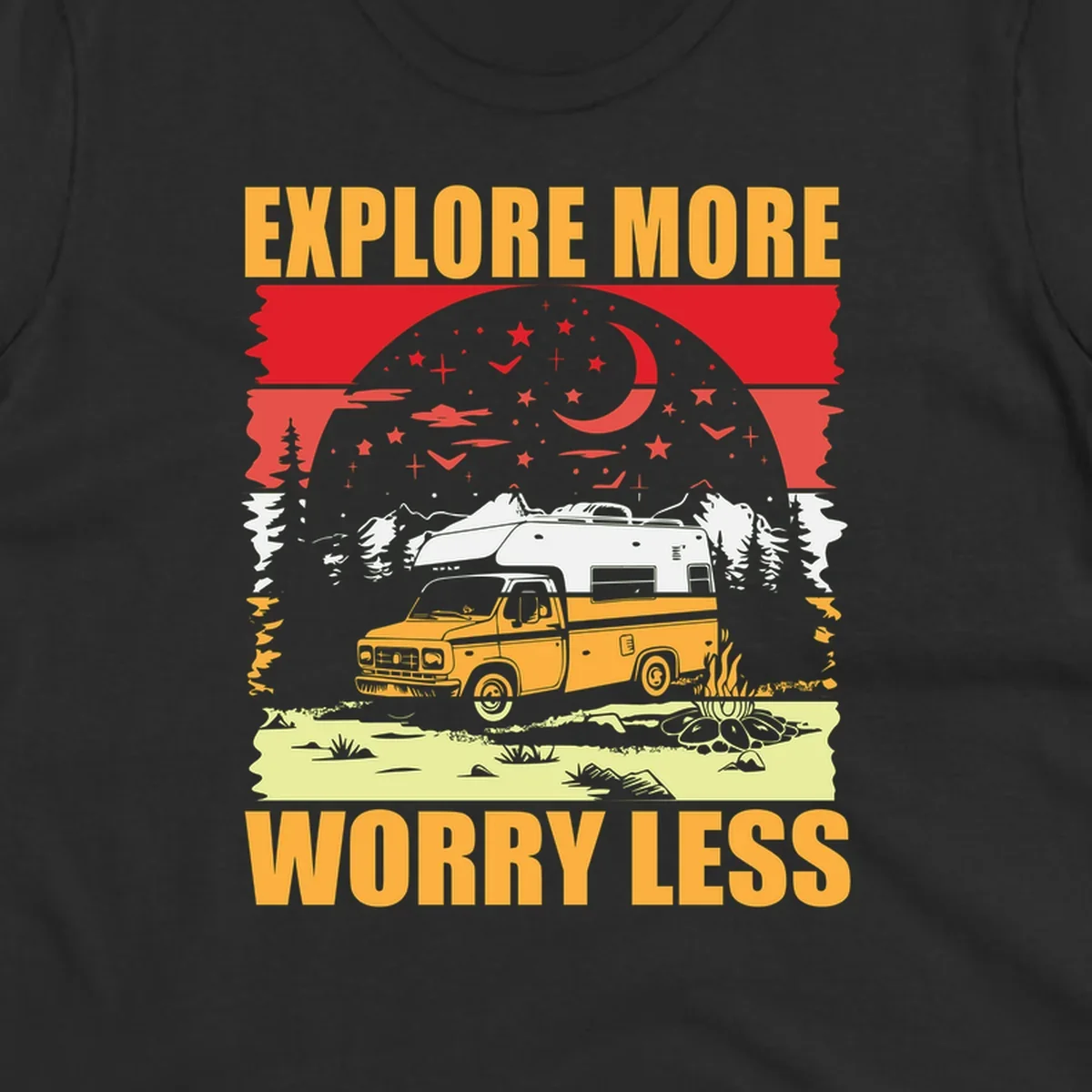 Retro camping illustration with pickup truck, camper trailer, campfire, and starry night sky surrounded by pine trees, with 'Explore More Worry Less' text