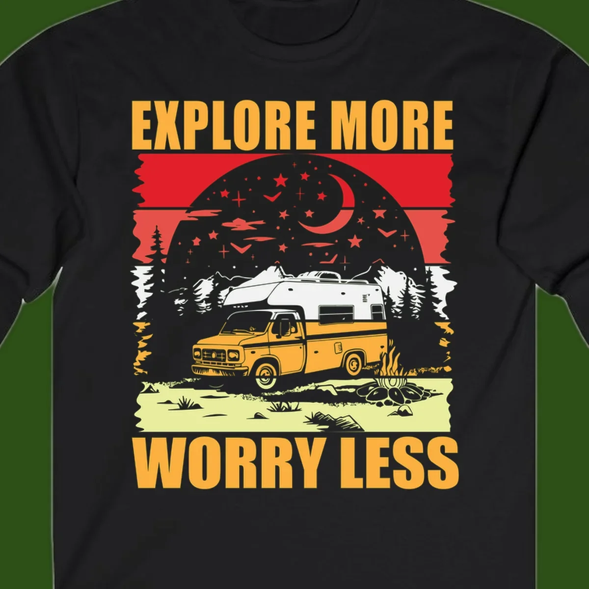 Retro camping illustration with pickup truck, camper trailer, campfire, and starry night sky surrounded by pine trees, with 'Explore More Worry Less' text