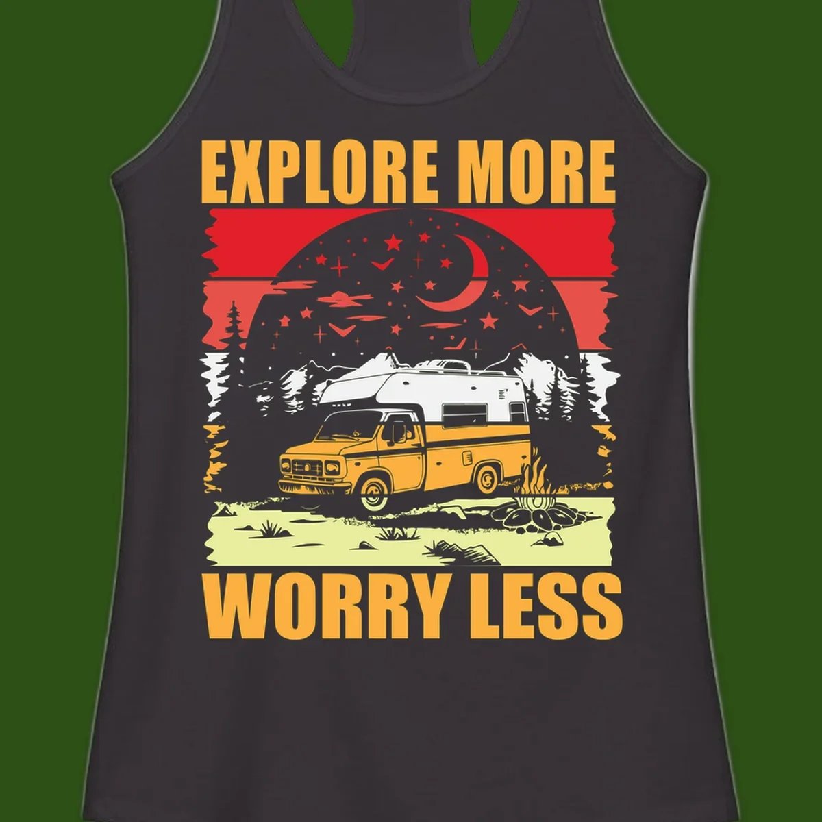 Retro camping illustration with pickup truck, camper trailer, campfire, and starry night sky surrounded by pine trees, with 'Explore More Worry Less' text