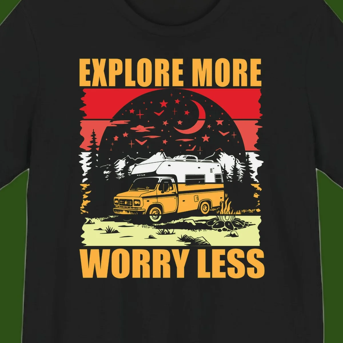 Retro camping illustration with pickup truck, camper trailer, campfire, and starry night sky surrounded by pine trees, with 'Explore More Worry Less' text