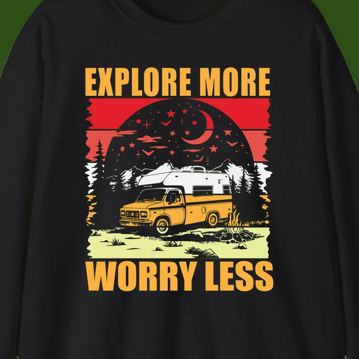 Retro camping illustration with pickup truck, camper trailer, campfire, and starry night sky surrounded by pine trees, with 'Explore More Worry Less' text