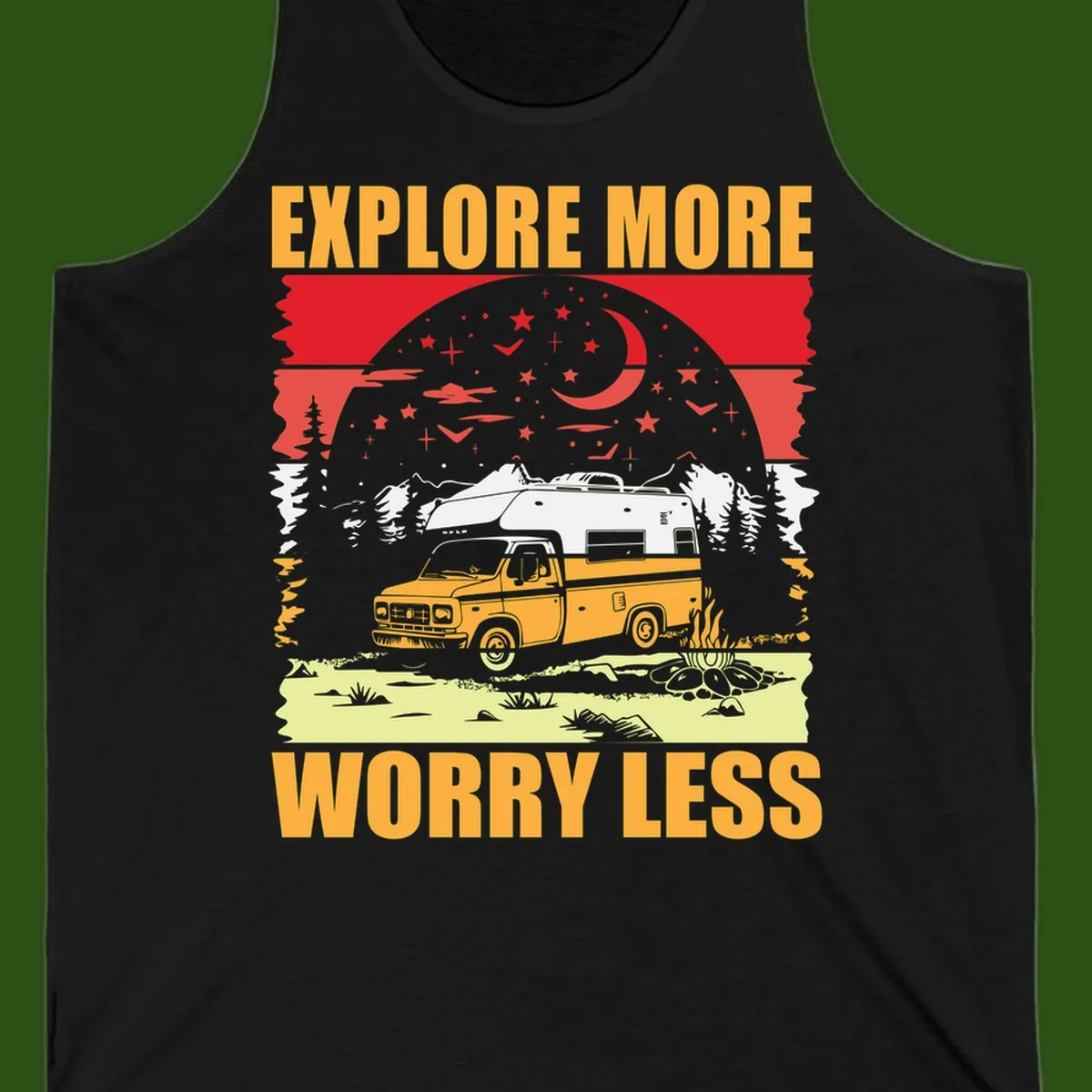 Retro camping illustration with pickup truck, camper trailer, campfire, and starry night sky surrounded by pine trees, with 'Explore More Worry Less' text