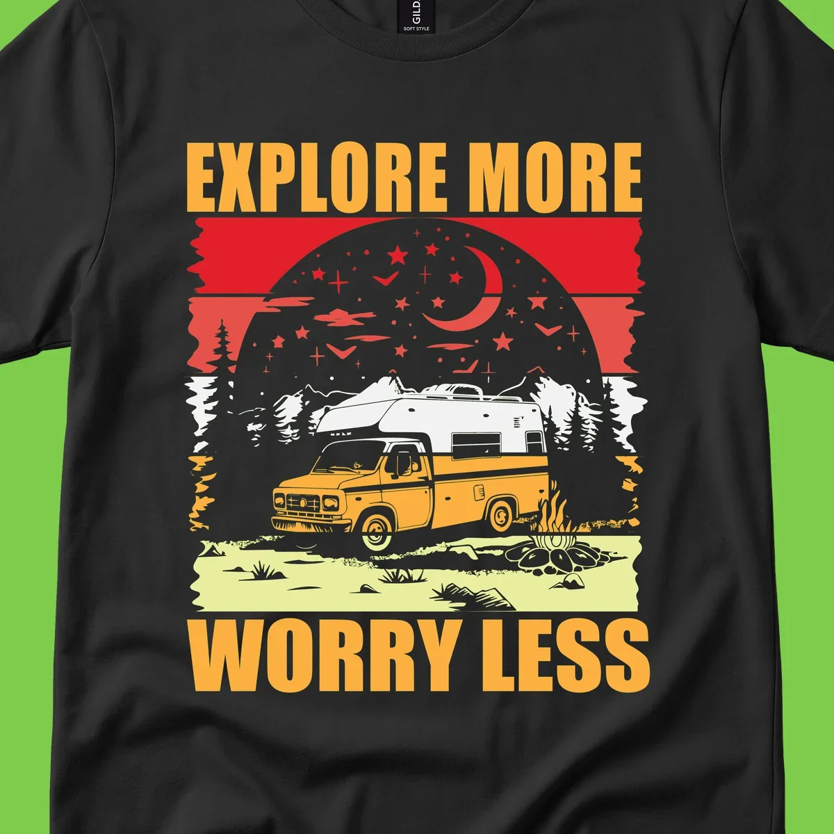 Retro camping illustration with pickup truck, camper trailer, campfire, and starry night sky surrounded by pine trees, with 'Explore More Worry Less' text