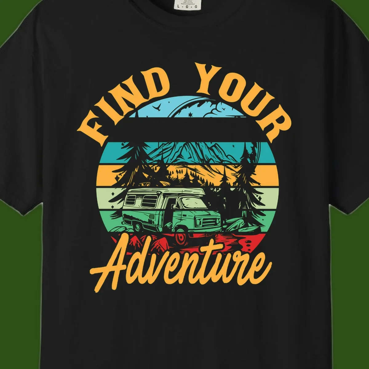 Retro illustration of camper van in mountains with 'Find Your Adventure' text, featuring colorful horizontal stripes and forest scenery.