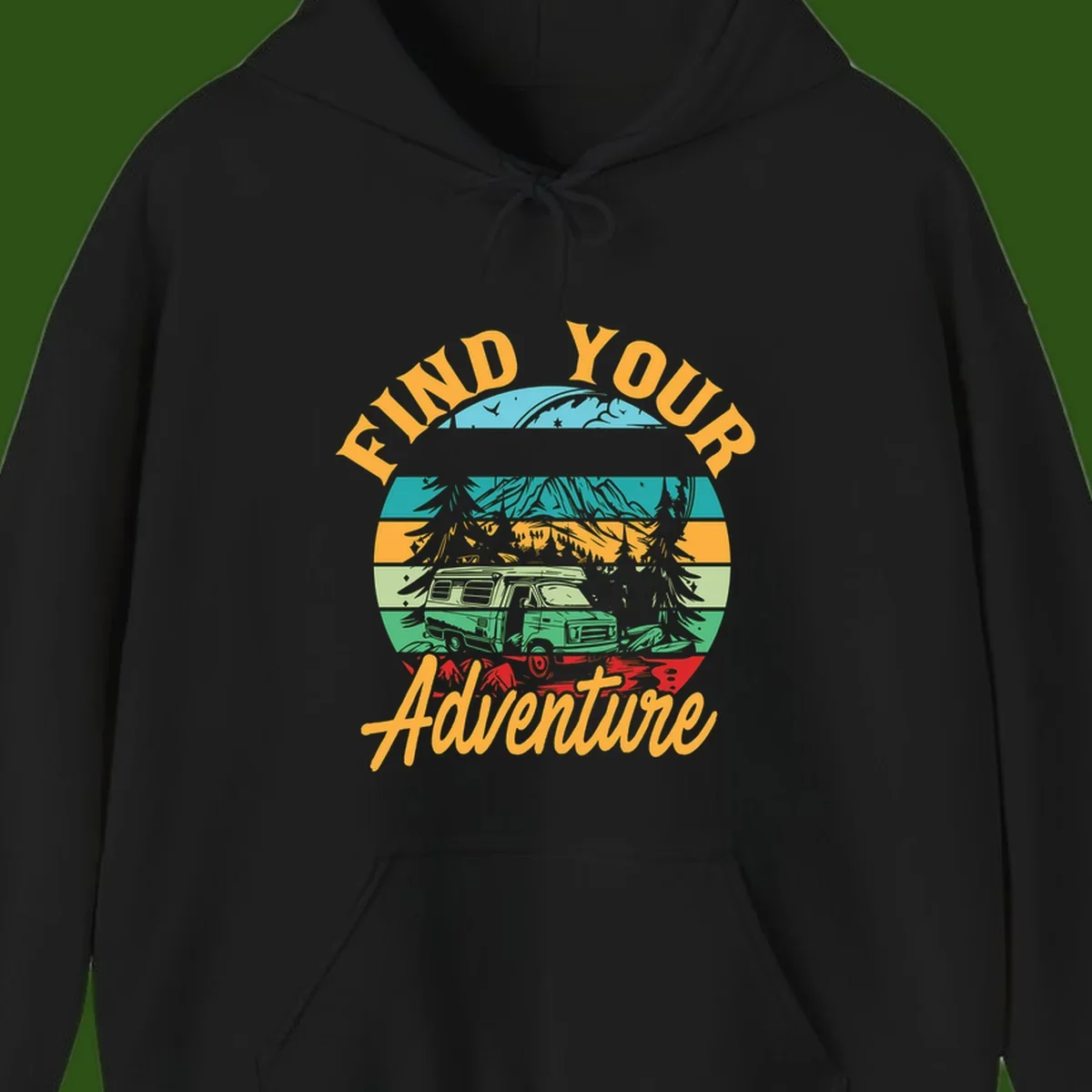 Retro illustration of camper van in mountains with 'Find Your Adventure' text, featuring colorful horizontal stripes and forest scenery.