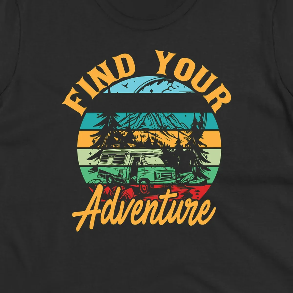 Retro illustration of camper van in mountains with 'Find Your Adventure' text, featuring colorful horizontal stripes and forest scenery.