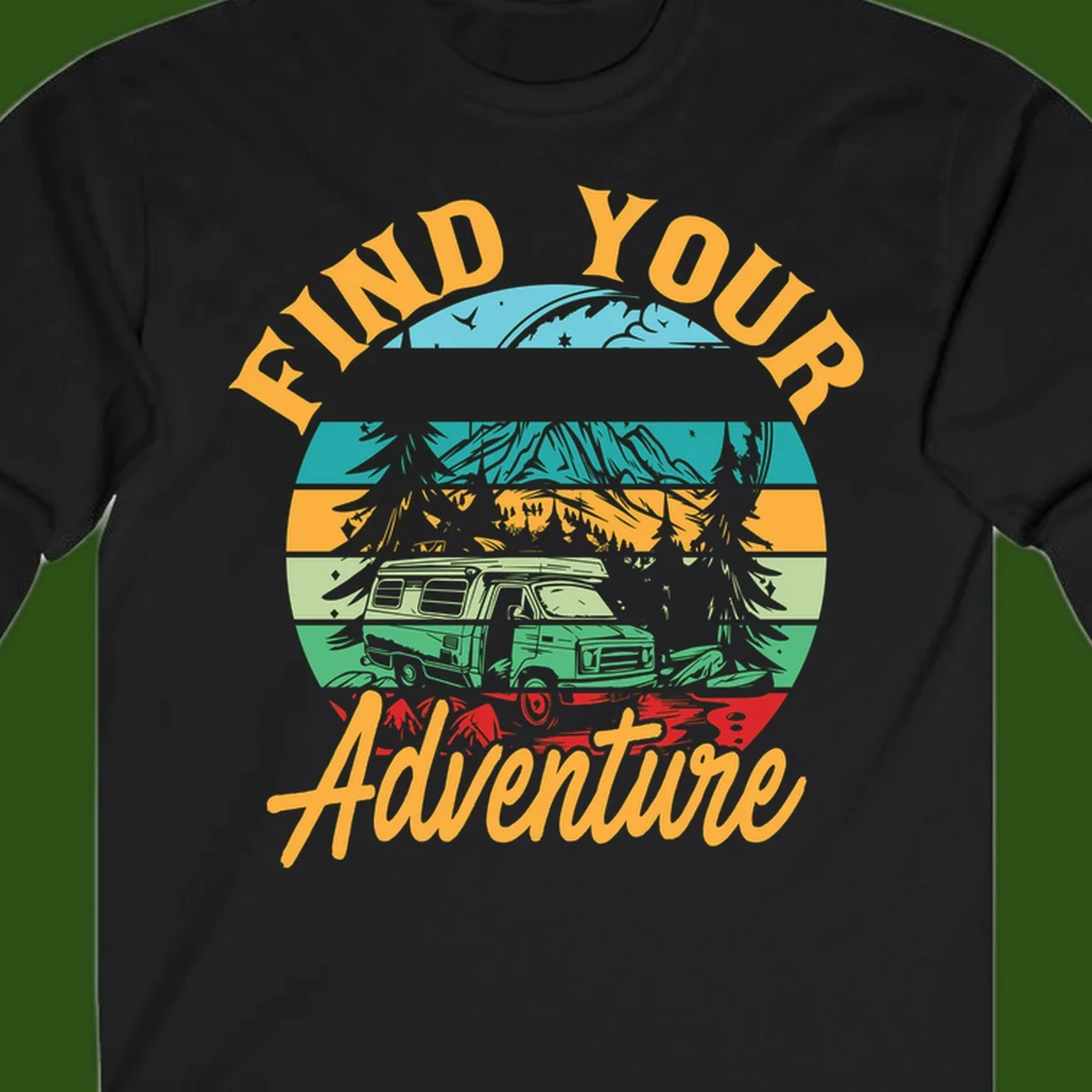 Retro illustration of camper van in mountains with 'Find Your Adventure' text, featuring colorful horizontal stripes and forest scenery.