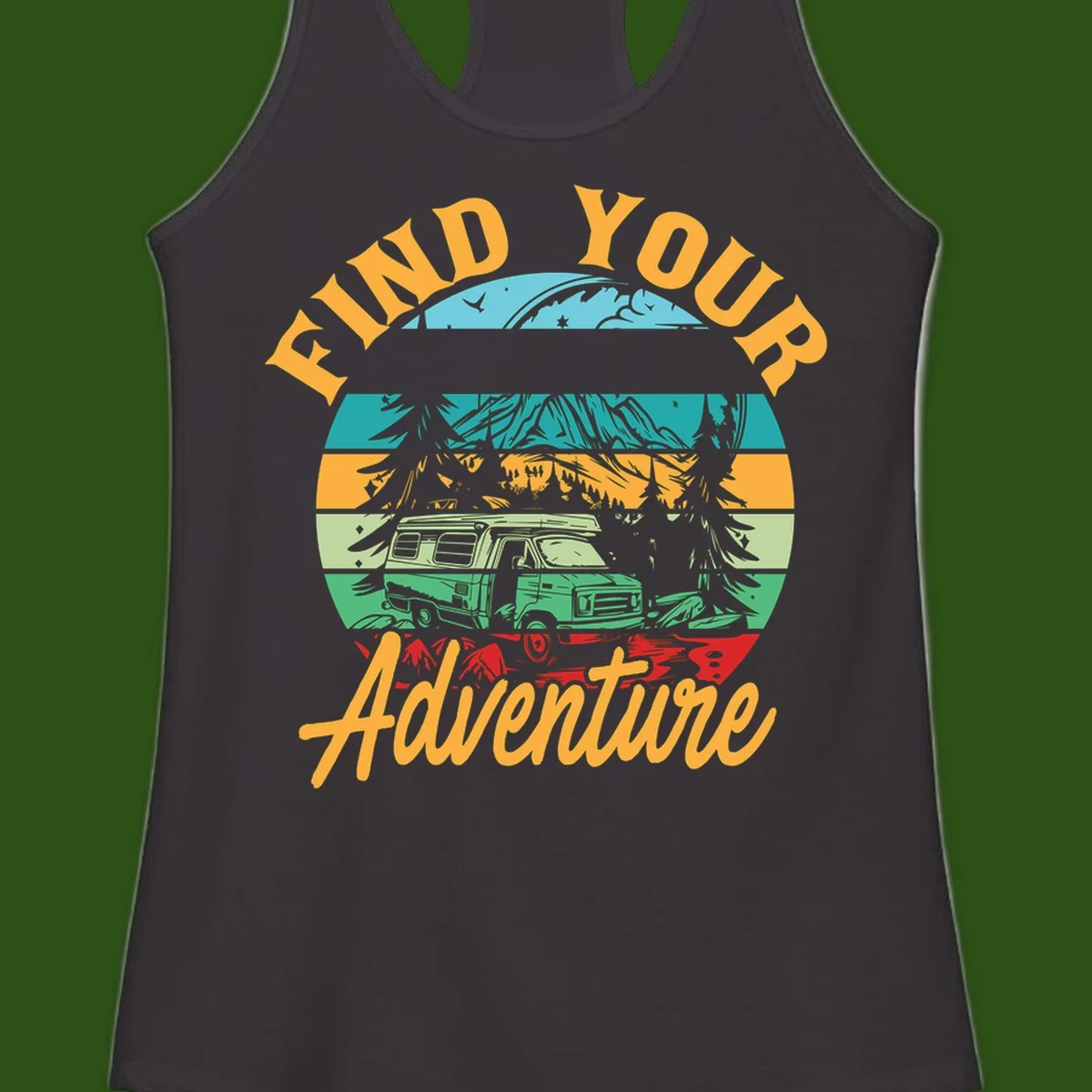 Retro illustration of camper van in mountains with 'Find Your Adventure' text, featuring colorful horizontal stripes and forest scenery.
