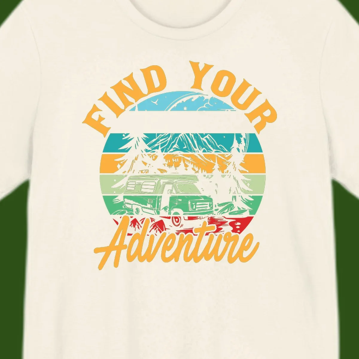 Retro illustration of camper van in mountains with 'Find Your Adventure' text, featuring colorful horizontal stripes and forest scenery.
