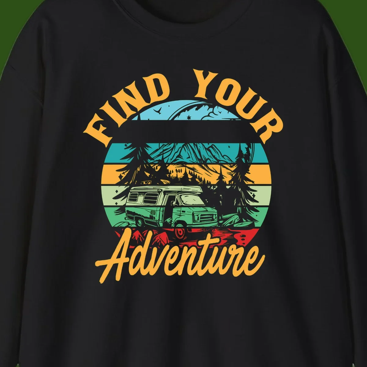 Retro illustration of camper van in mountains with 'Find Your Adventure' text, featuring colorful horizontal stripes and forest scenery.