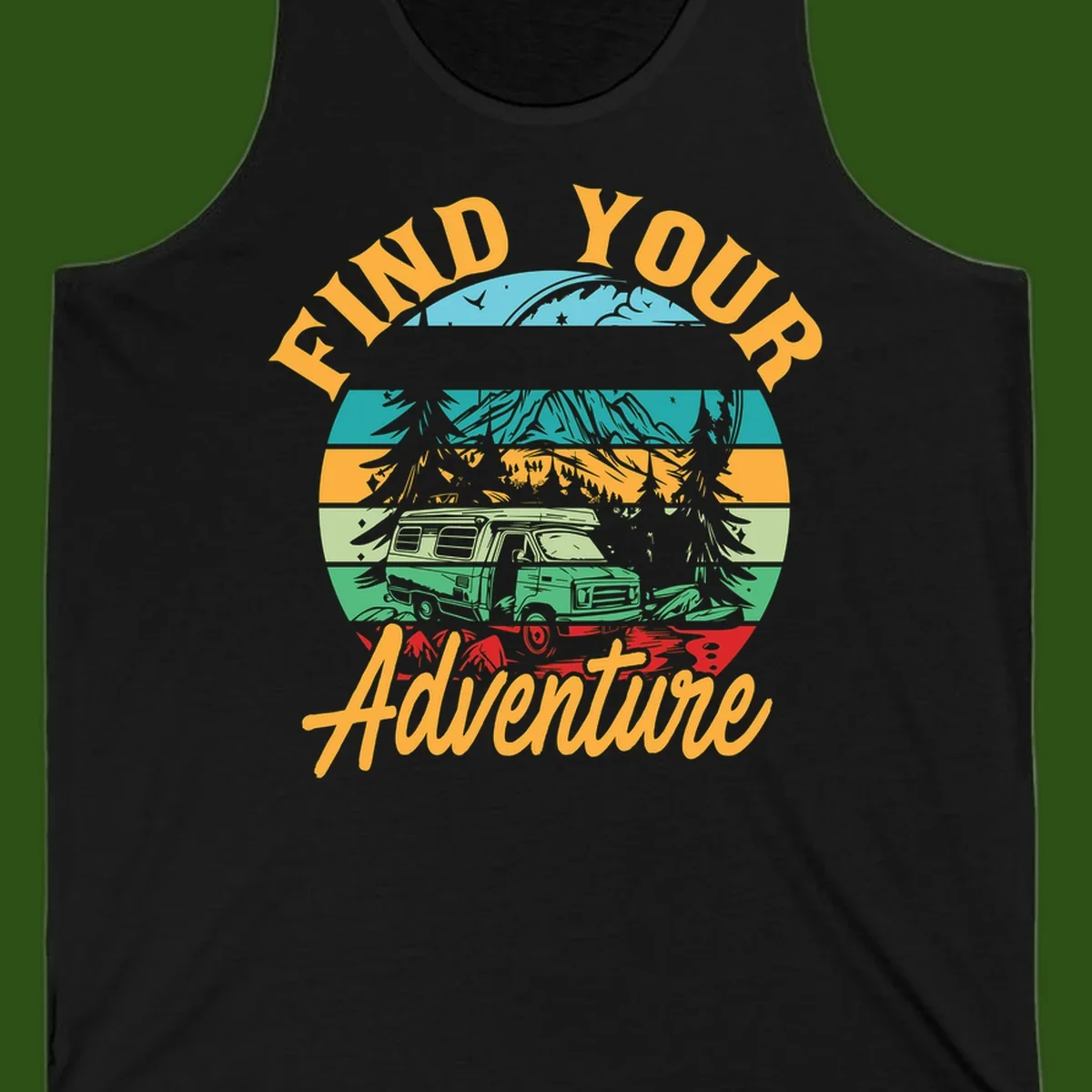 Retro illustration of camper van in mountains with 'Find Your Adventure' text, featuring colorful horizontal stripes and forest scenery.