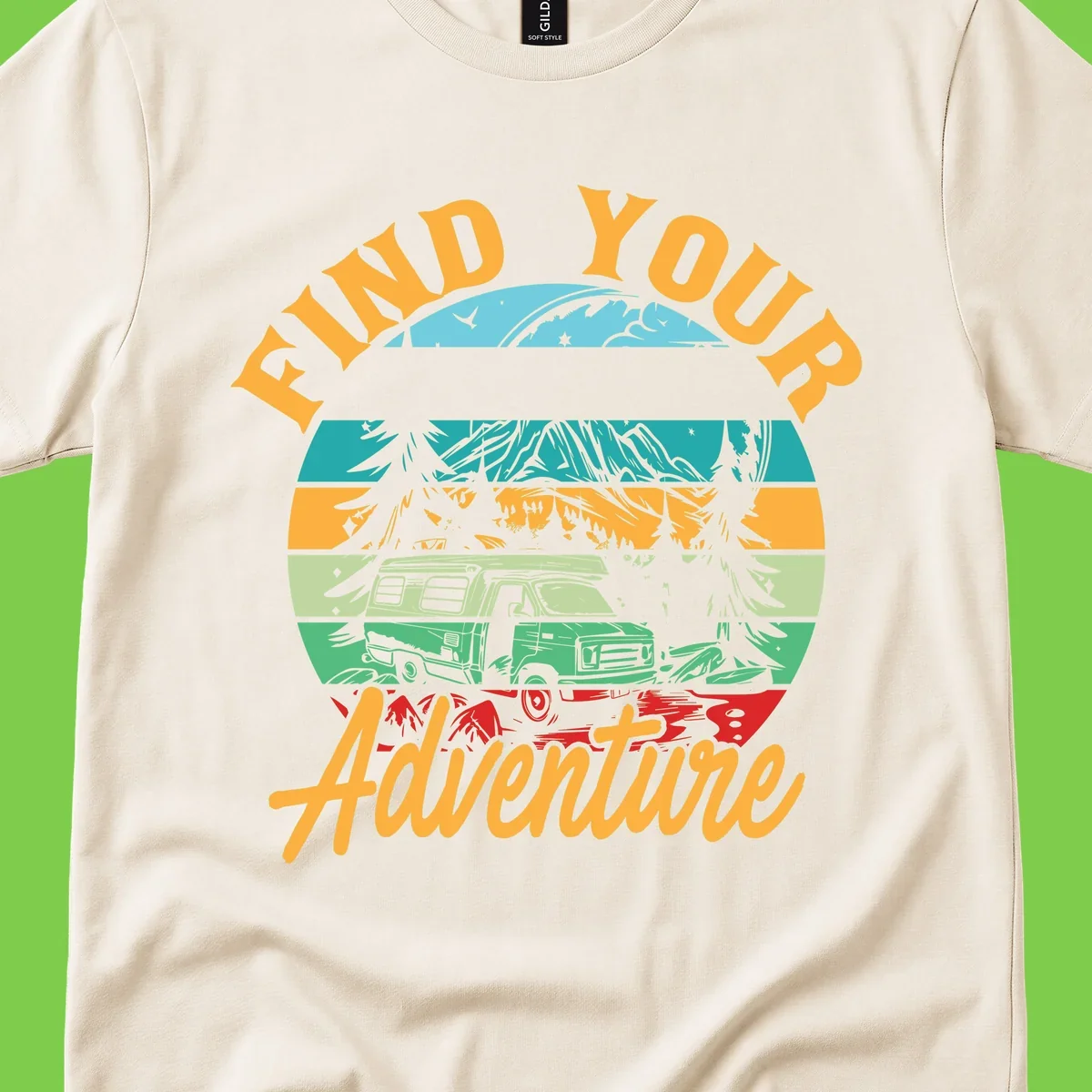 Retro illustration of camper van in mountains with 'Find Your Adventure' text, featuring colorful horizontal stripes and forest scenery.