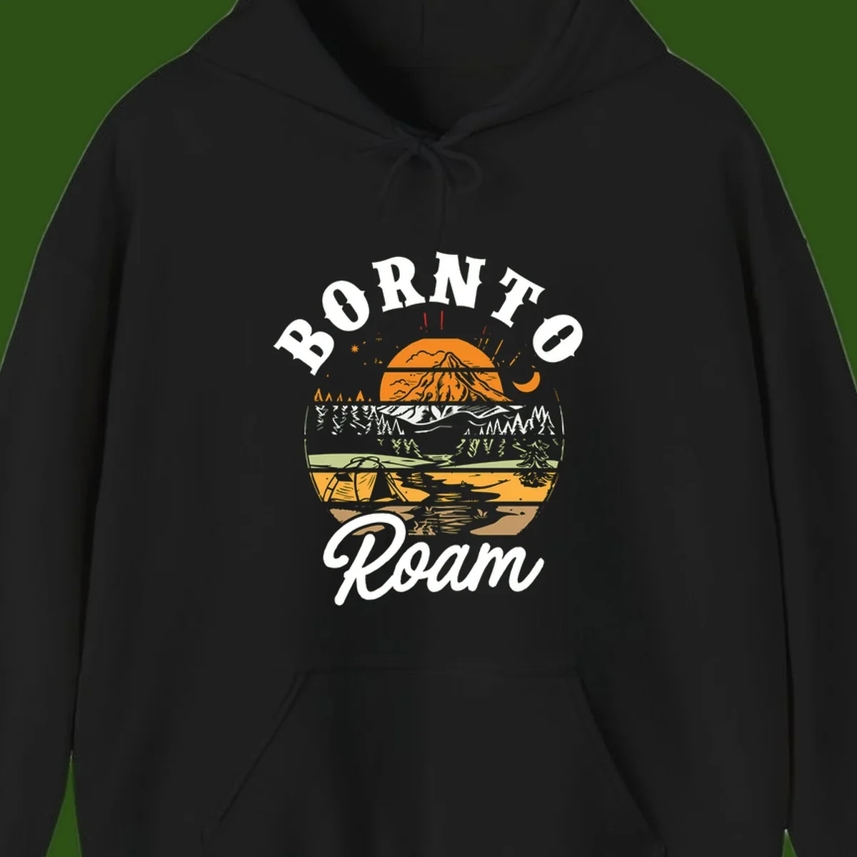 Born to roam camping design featuring layered mountain landscape with roots, forest, and campfire elements in orange, white, and gray.