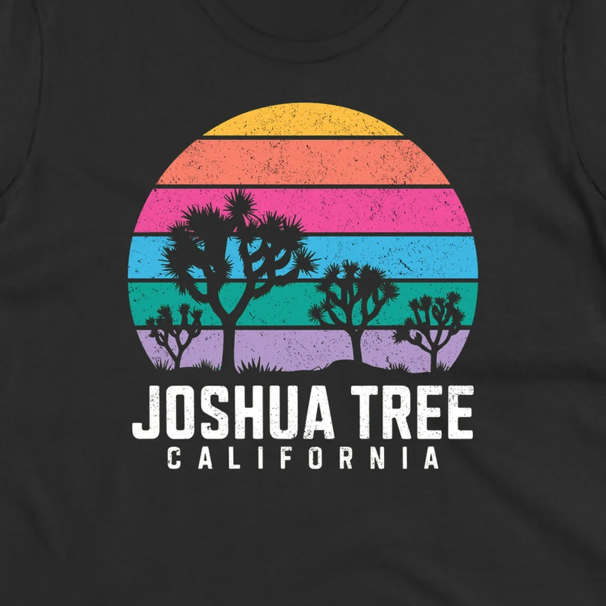 Joshua tree desert stripes design with silhouetted trees across rainbow horizontal color bands and distressed texture.