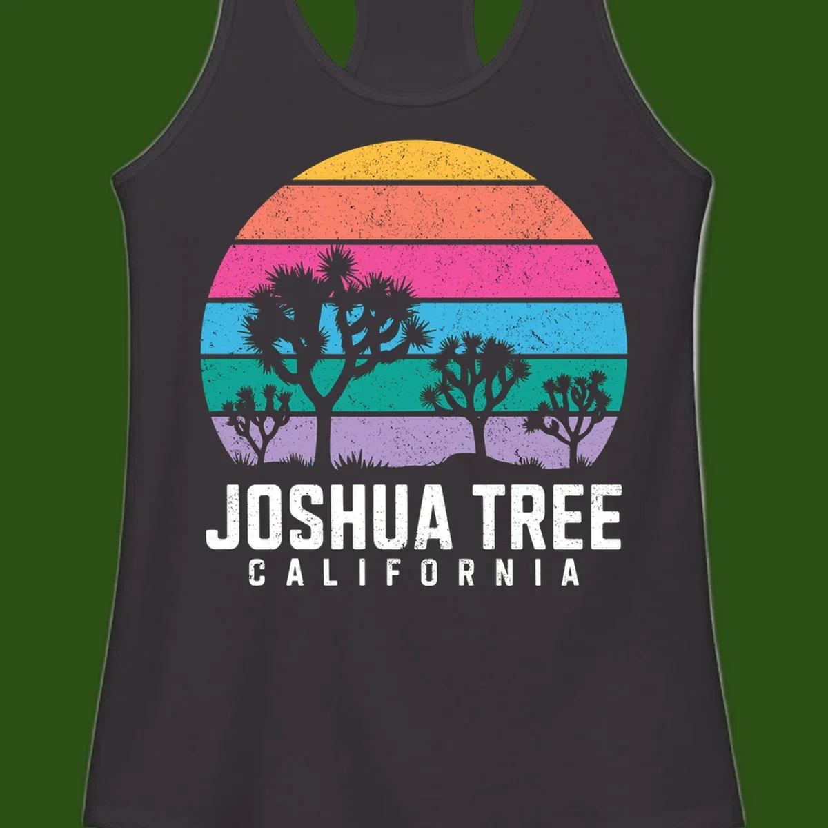 Joshua tree desert stripes design with silhouetted trees across rainbow horizontal color bands and distressed texture.