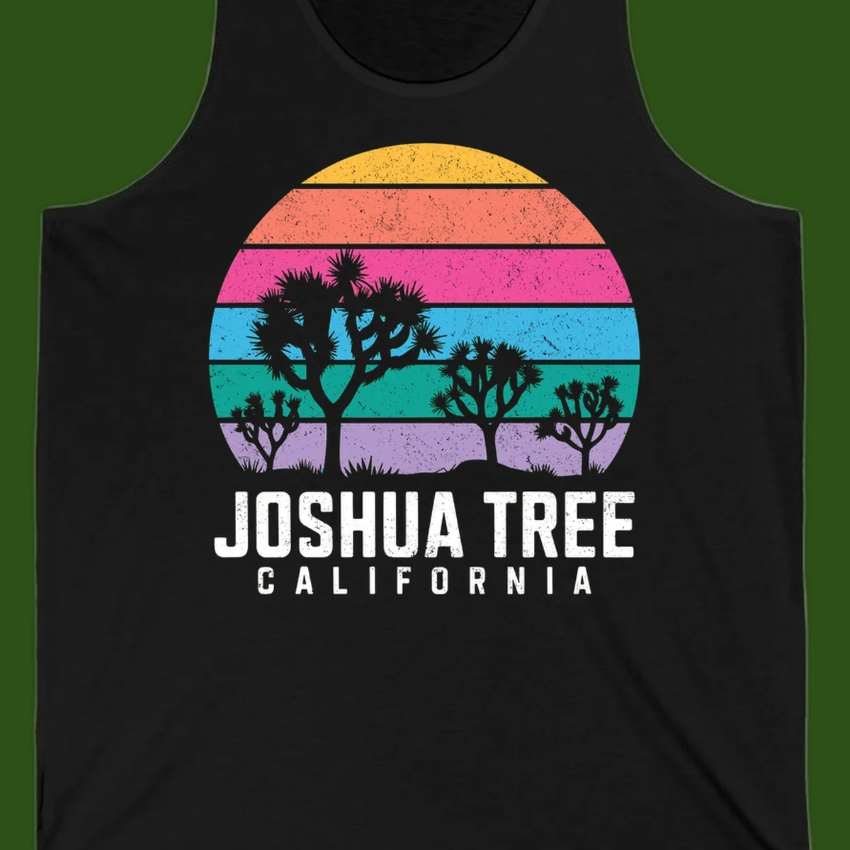 Joshua tree desert stripes design with silhouetted trees across rainbow horizontal color bands and distressed texture.