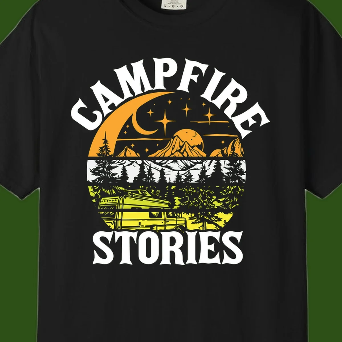 Campfire stories night design with layered mountains, forest, and starry sky with lantern and moon