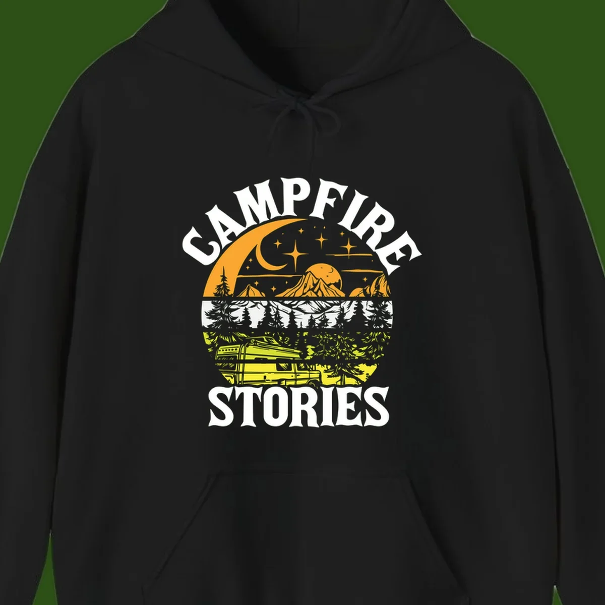 Campfire stories night design with layered mountains, forest, and starry sky with lantern and moon