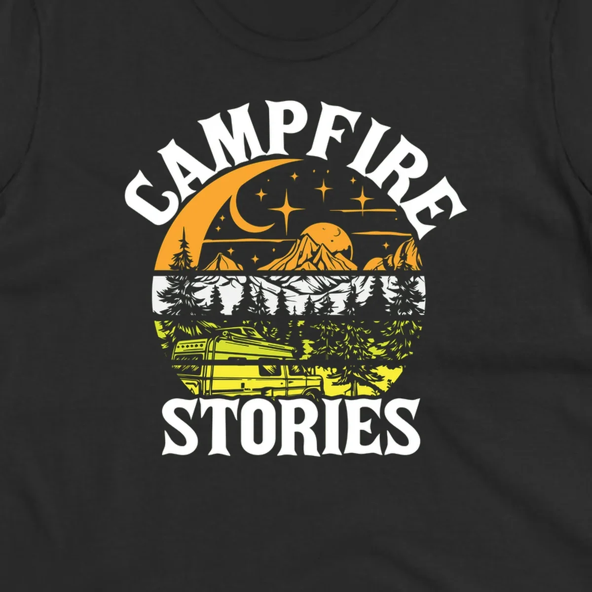 Campfire stories night design with layered mountains, forest, and starry sky with lantern and moon