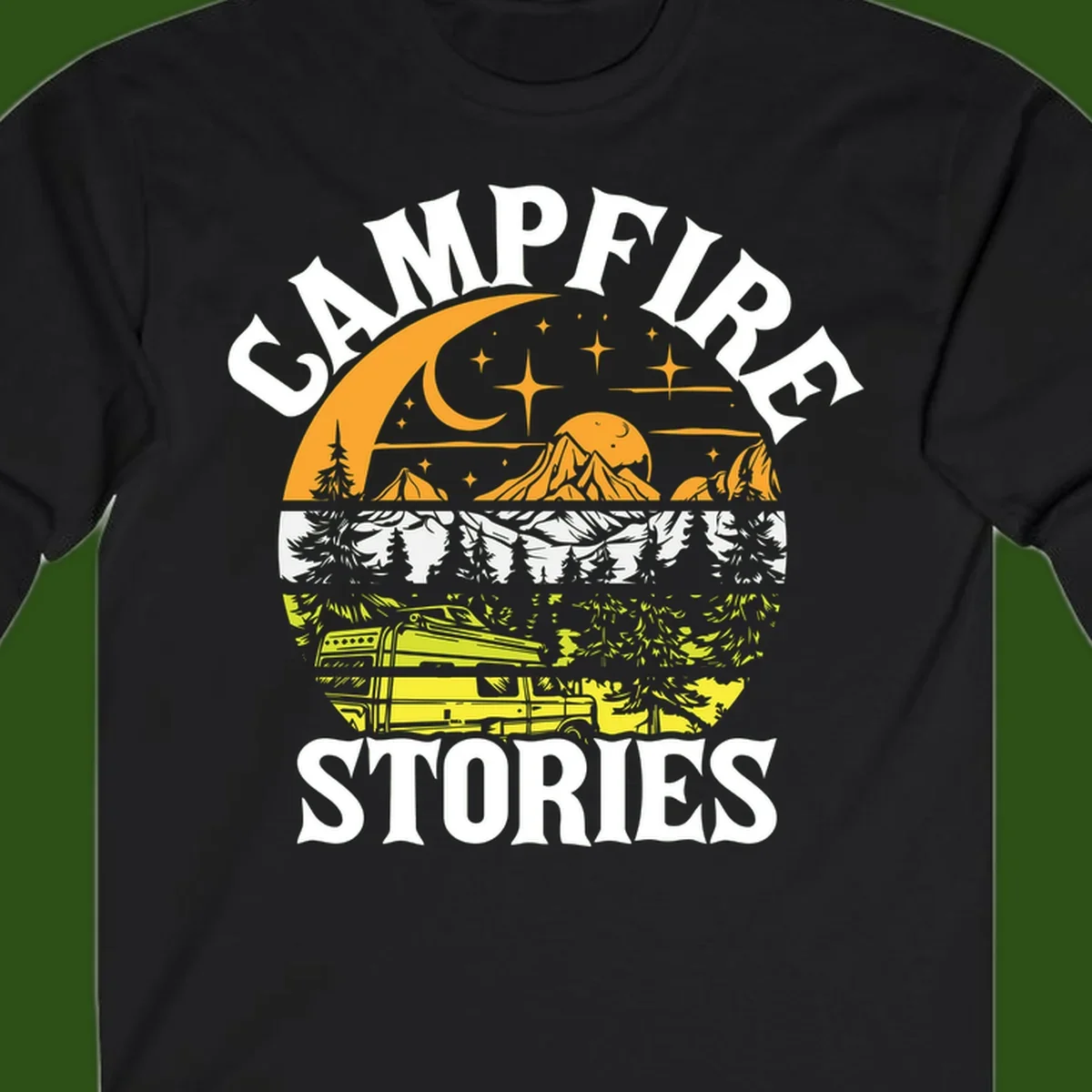 Campfire stories night design with layered mountains, forest, and starry sky with lantern and moon