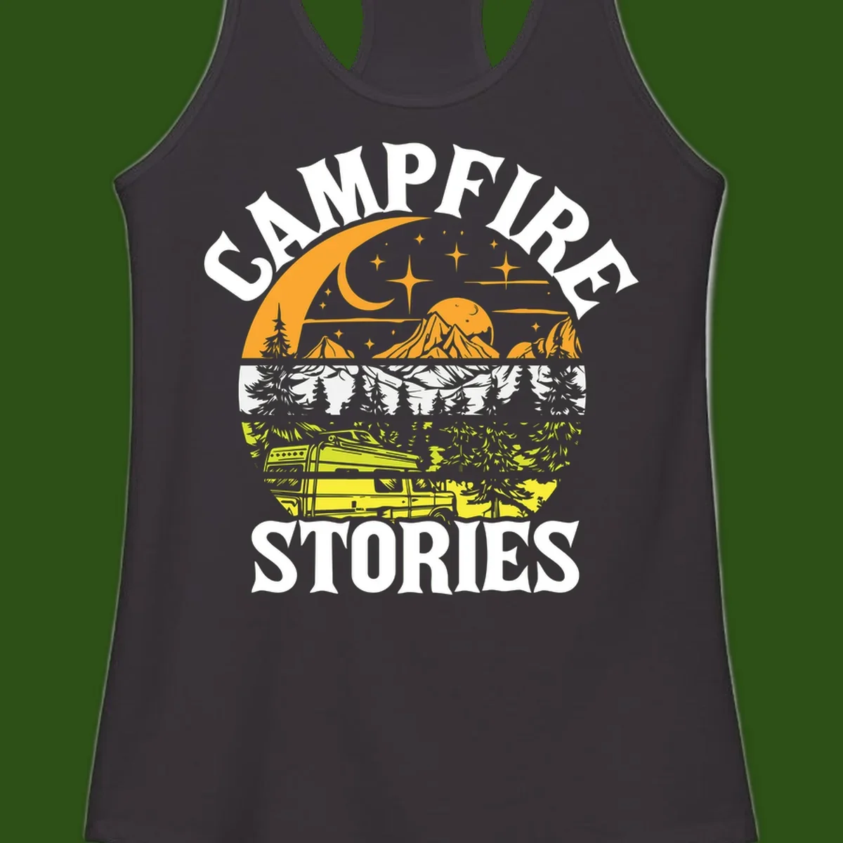 Campfire stories night design with layered mountains, forest, and starry sky with lantern and moon