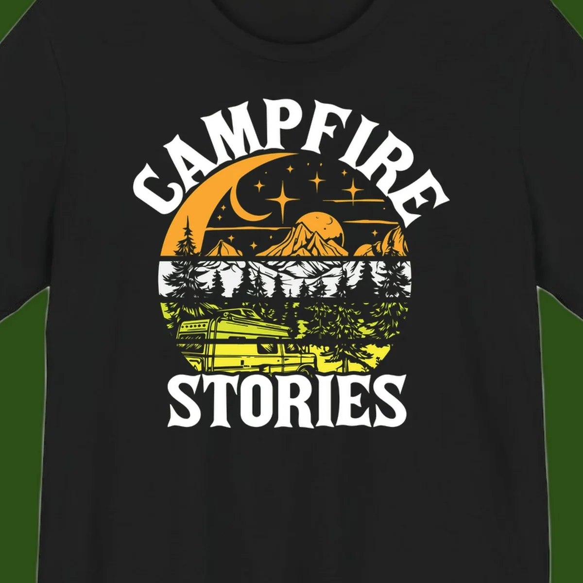 Campfire stories night design with layered mountains, forest, and starry sky with lantern and moon