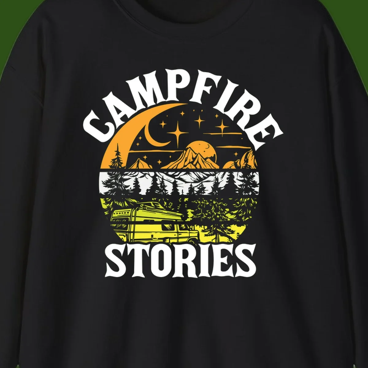Campfire stories night design with layered mountains, forest, and starry sky with lantern and moon