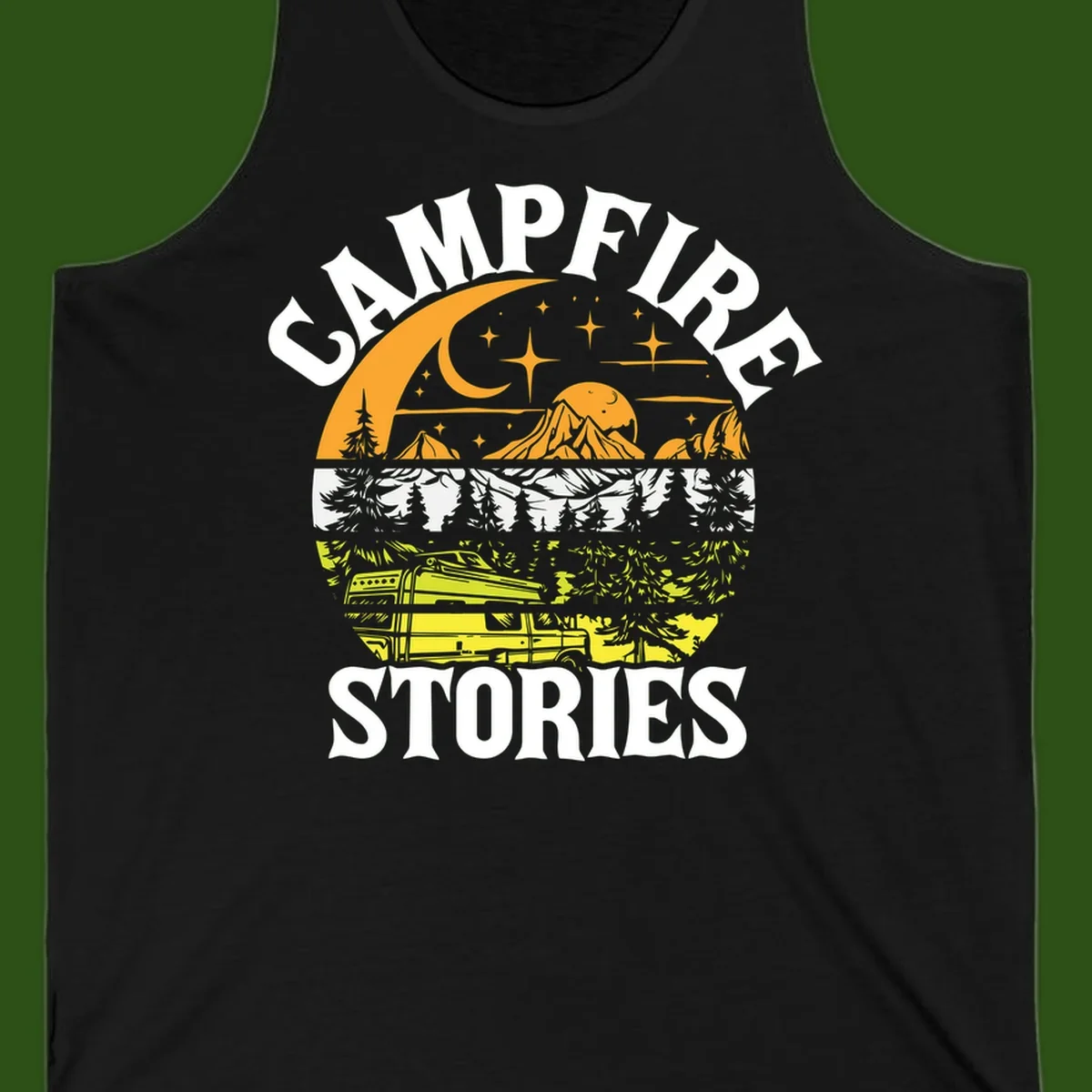 Campfire stories night design with layered mountains, forest, and starry sky with lantern and moon