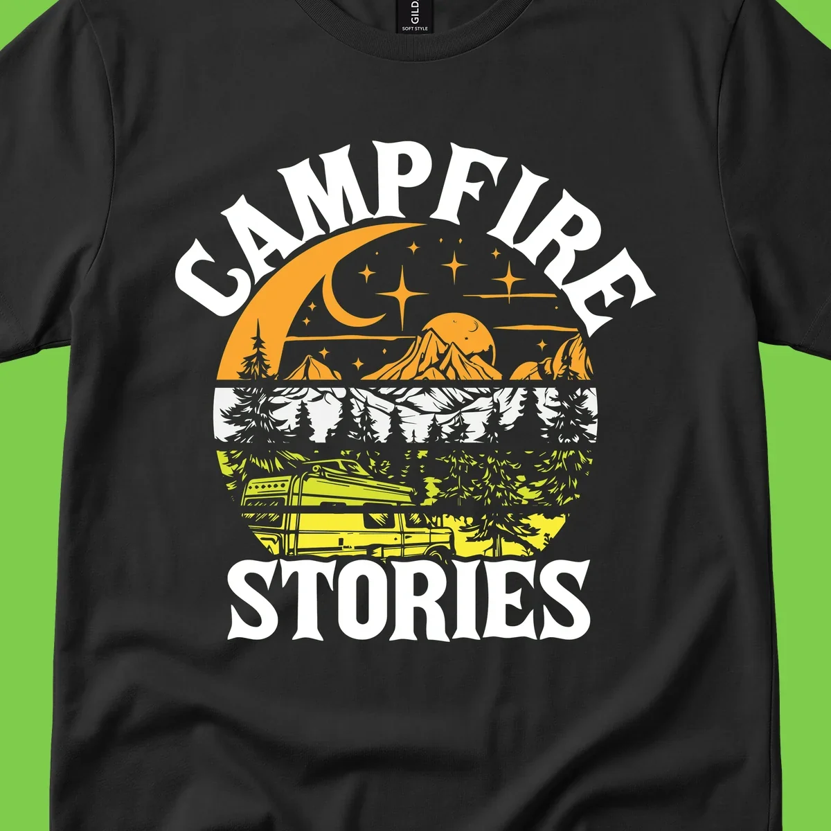 Campfire stories night design with layered mountains, forest, and starry sky with lantern and moon