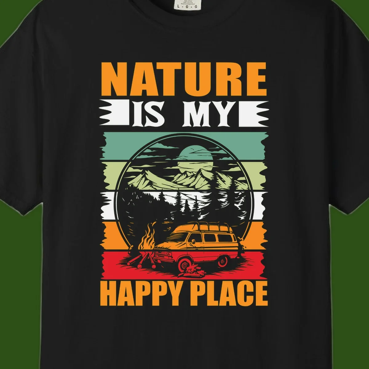 Vintage station wagon with campfire surrounded by layered mountains, forests, and sun in circular badge design with 'Nature Is My Happy Place' text