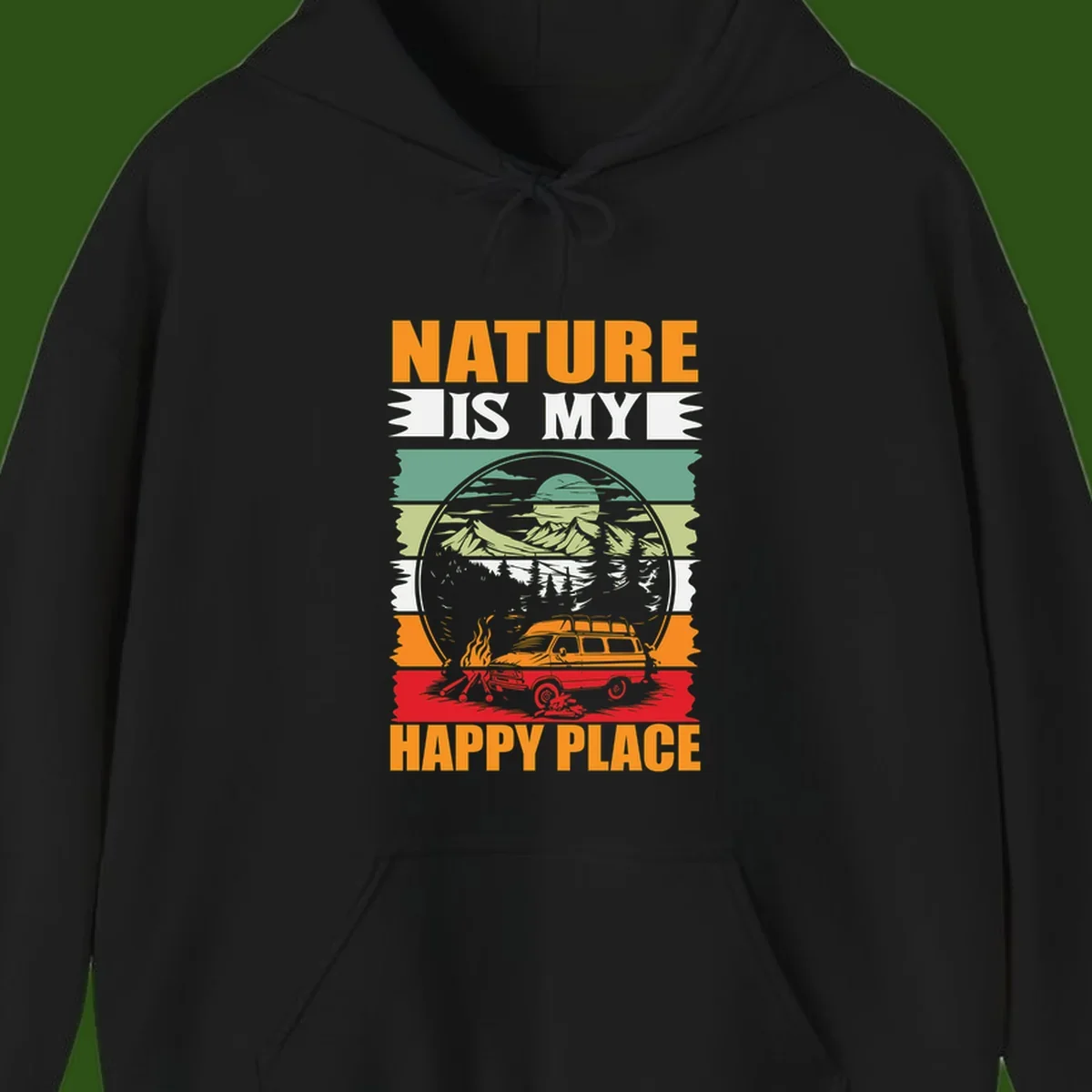 Vintage station wagon with campfire surrounded by layered mountains, forests, and sun in circular badge design with 'Nature Is My Happy Place' text