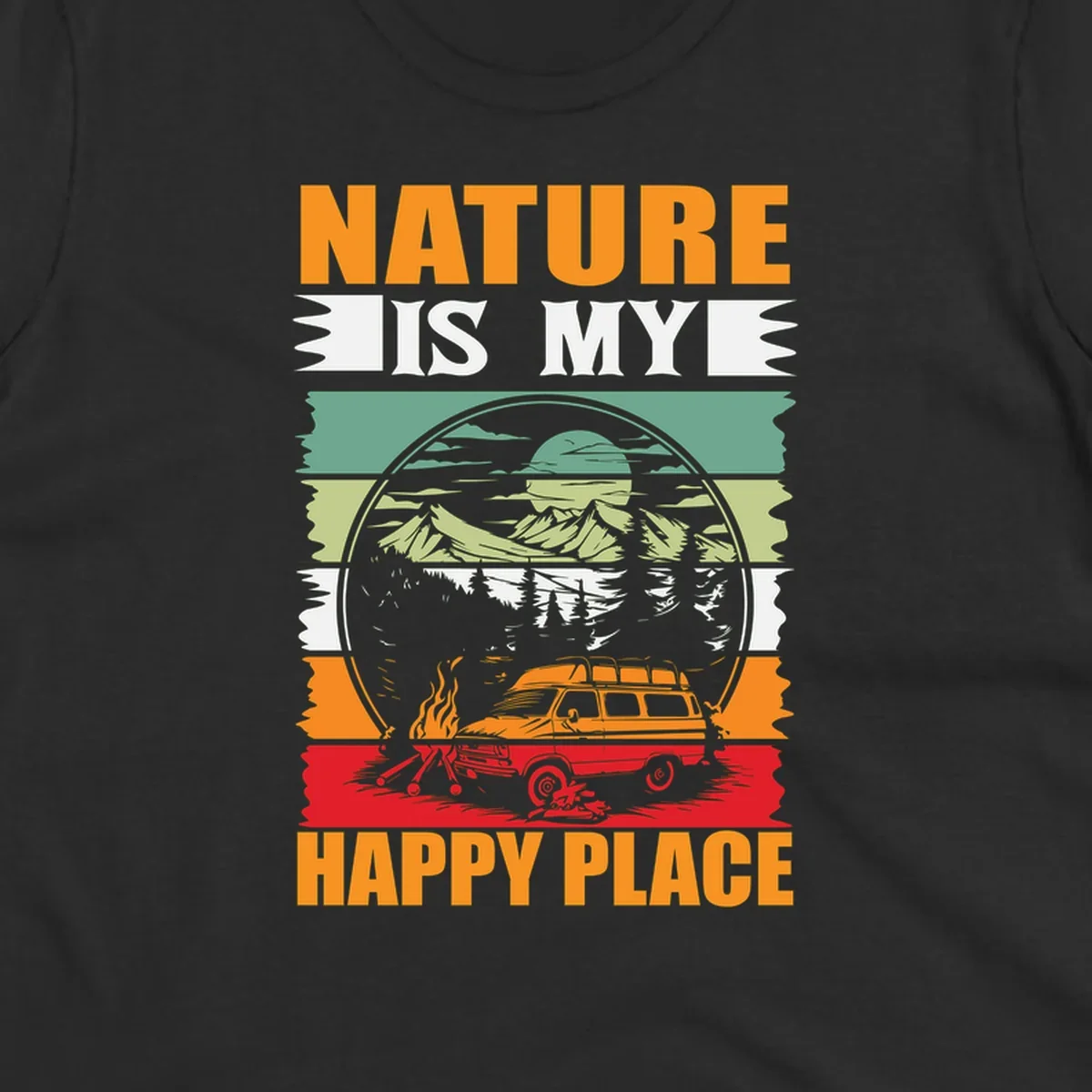 Vintage station wagon with campfire surrounded by layered mountains, forests, and sun in circular badge design with 'Nature Is My Happy Place' text