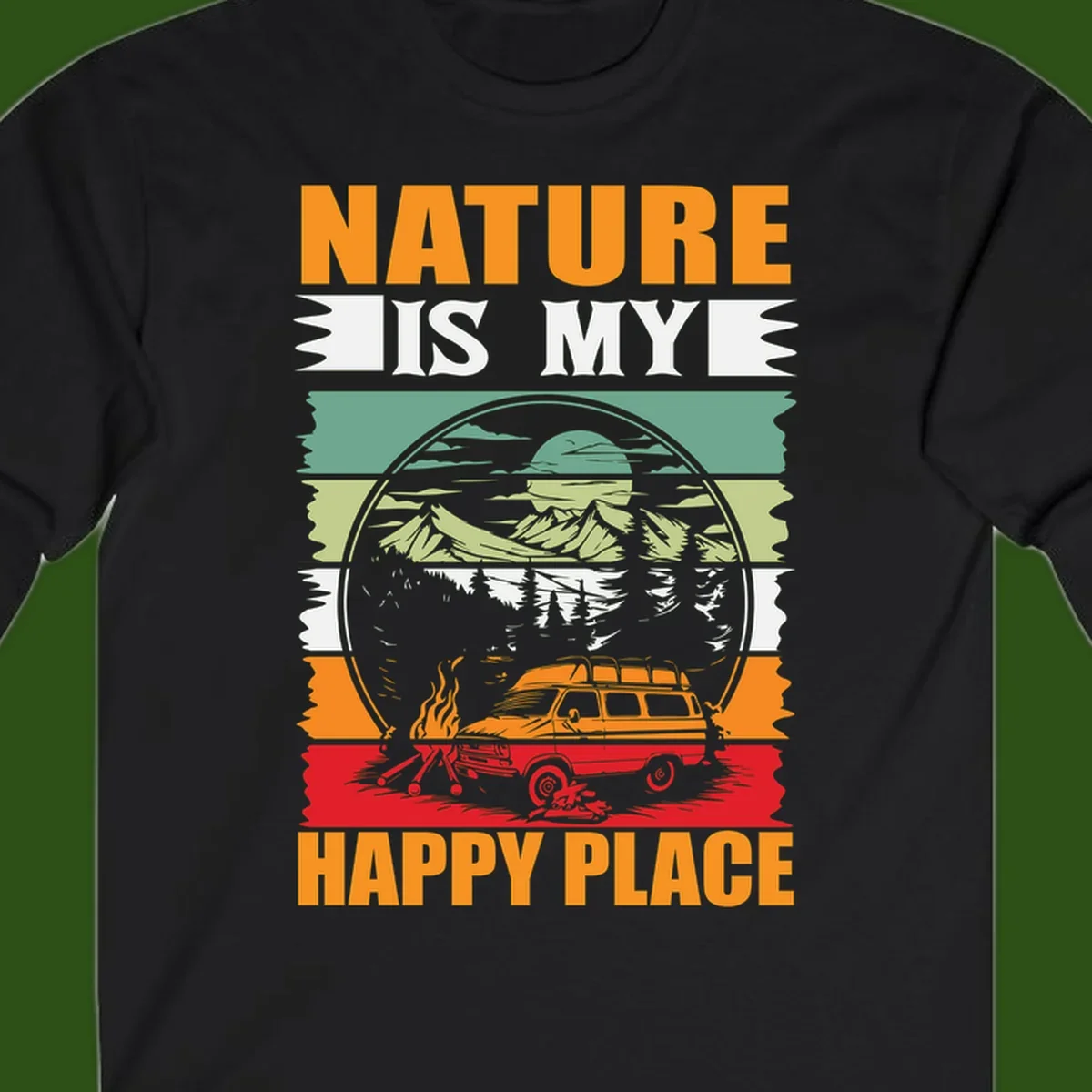 Vintage station wagon with campfire surrounded by layered mountains, forests, and sun in circular badge design with 'Nature Is My Happy Place' text