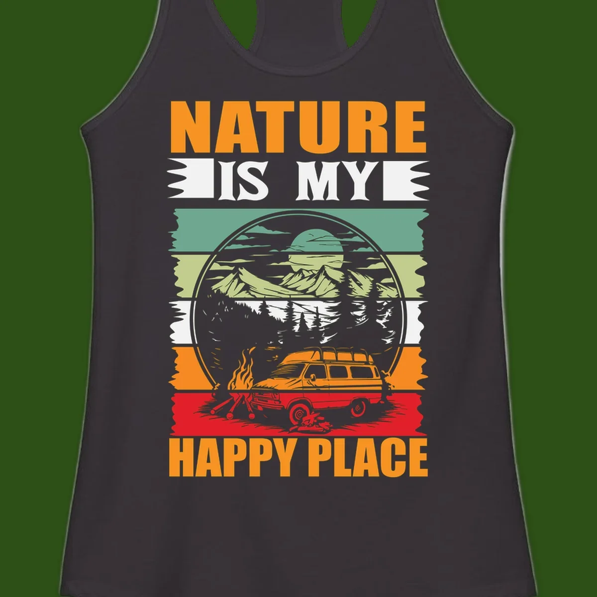 Vintage station wagon with campfire surrounded by layered mountains, forests, and sun in circular badge design with 'Nature Is My Happy Place' text