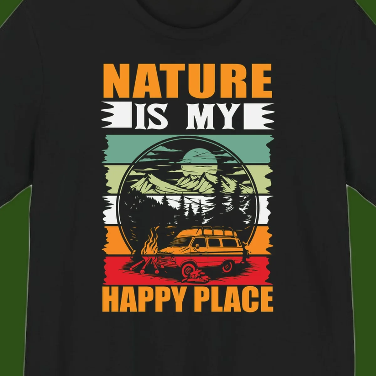 Vintage station wagon with campfire surrounded by layered mountains, forests, and sun in circular badge design with 'Nature Is My Happy Place' text