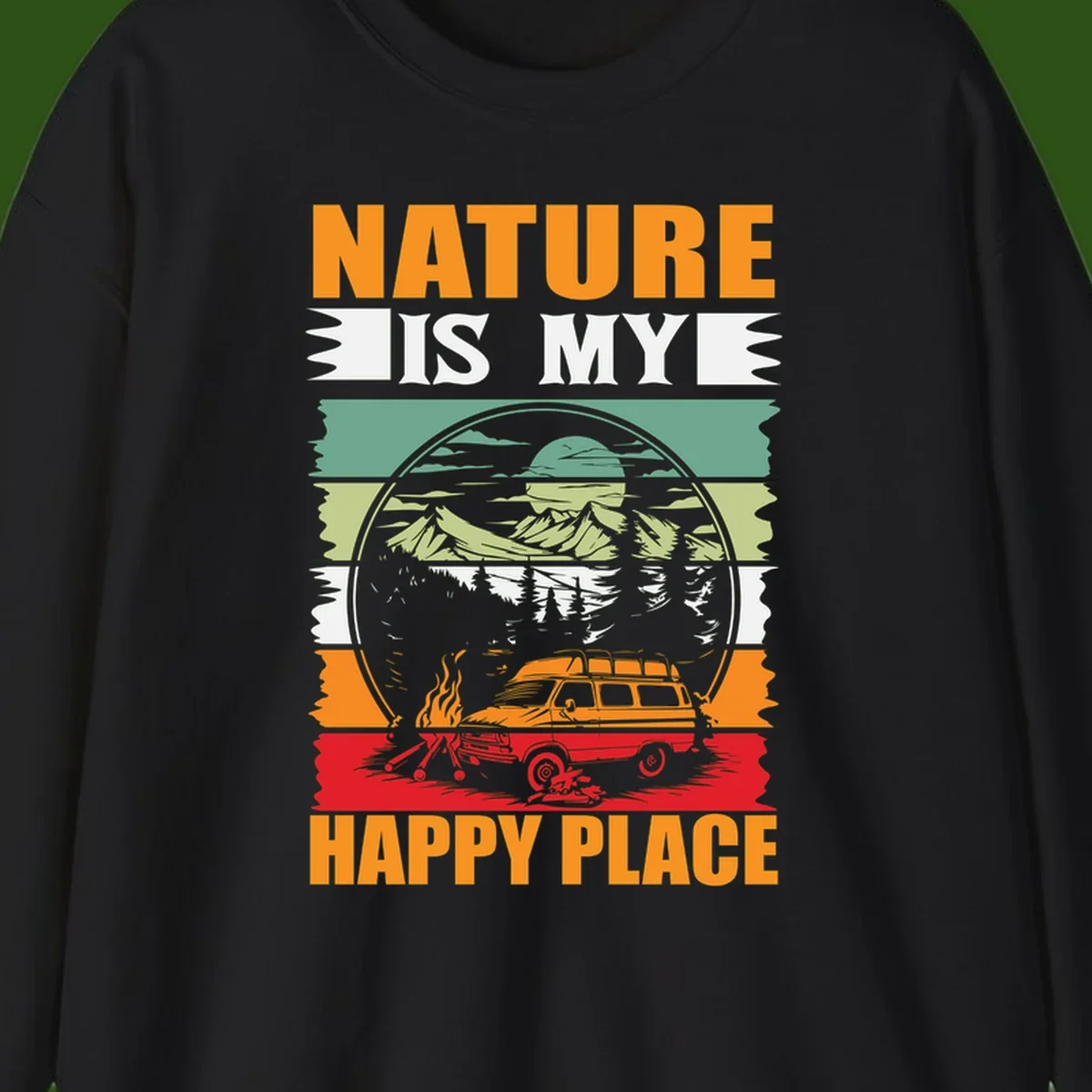 Vintage station wagon with campfire surrounded by layered mountains, forests, and sun in circular badge design with 'Nature Is My Happy Place' text