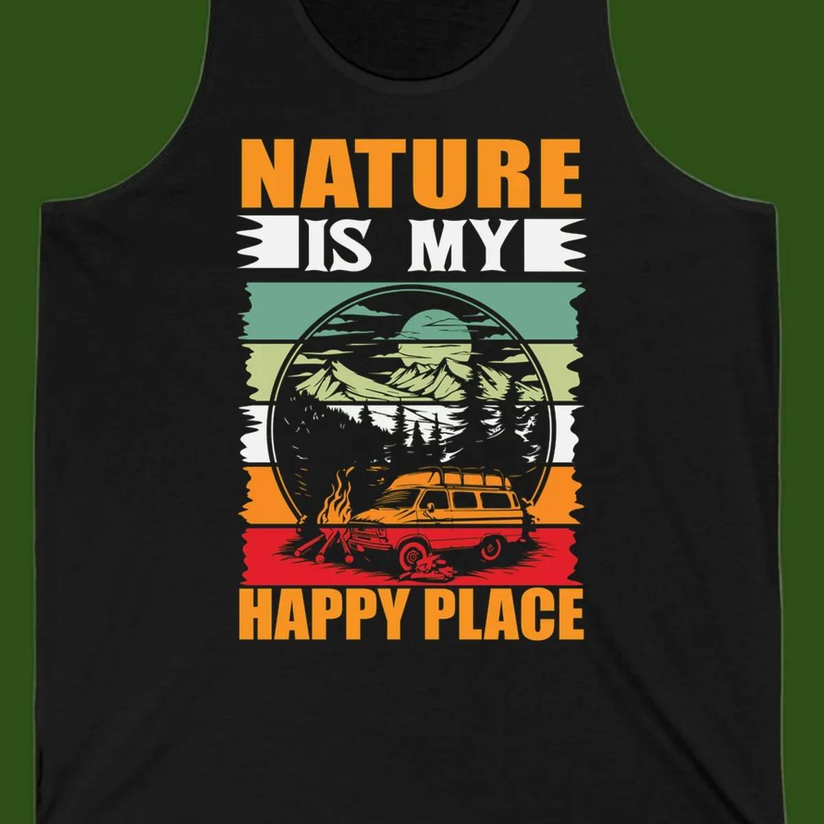 Vintage station wagon with campfire surrounded by layered mountains, forests, and sun in circular badge design with 'Nature Is My Happy Place' text