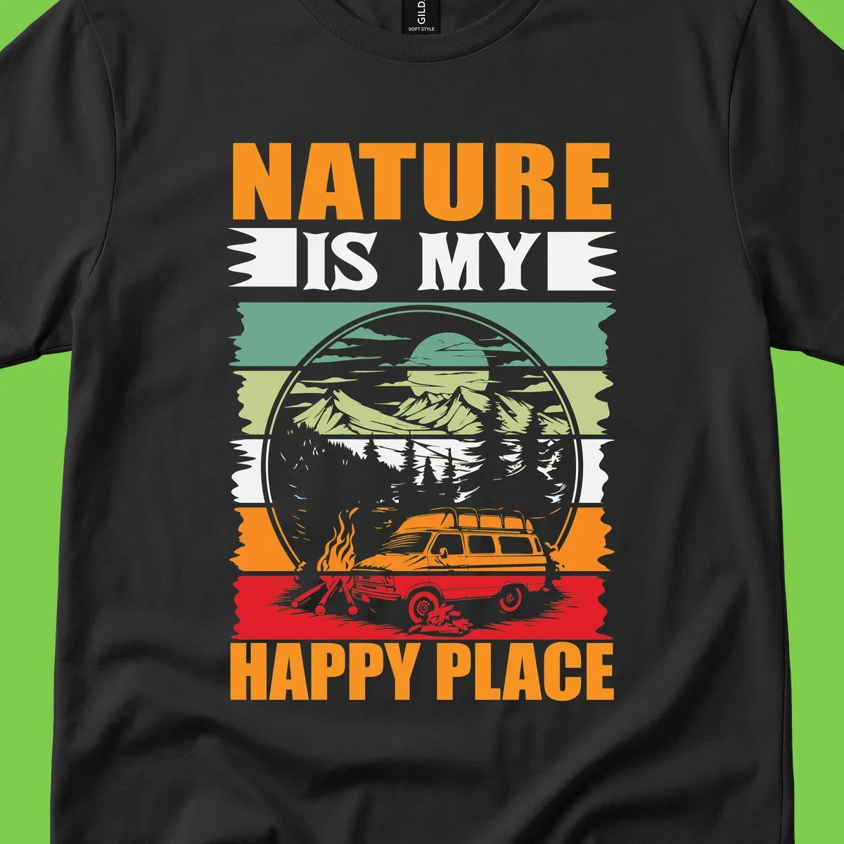 Vintage station wagon with campfire surrounded by layered mountains, forests, and sun in circular badge design with 'Nature Is My Happy Place' text