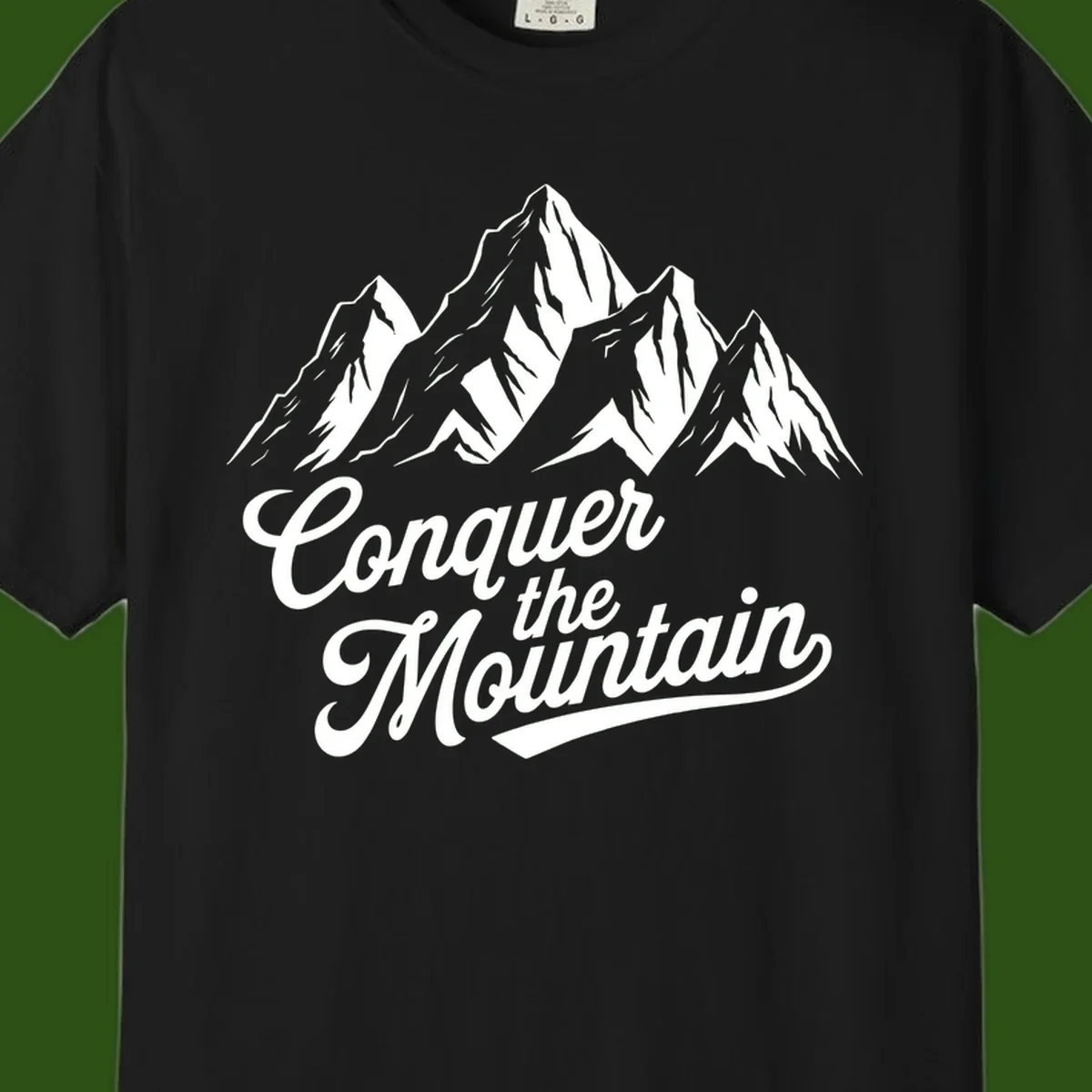Vintage-style illustration of snow-capped mountain peaks with 'Conquer the Mountain' text in cursive script