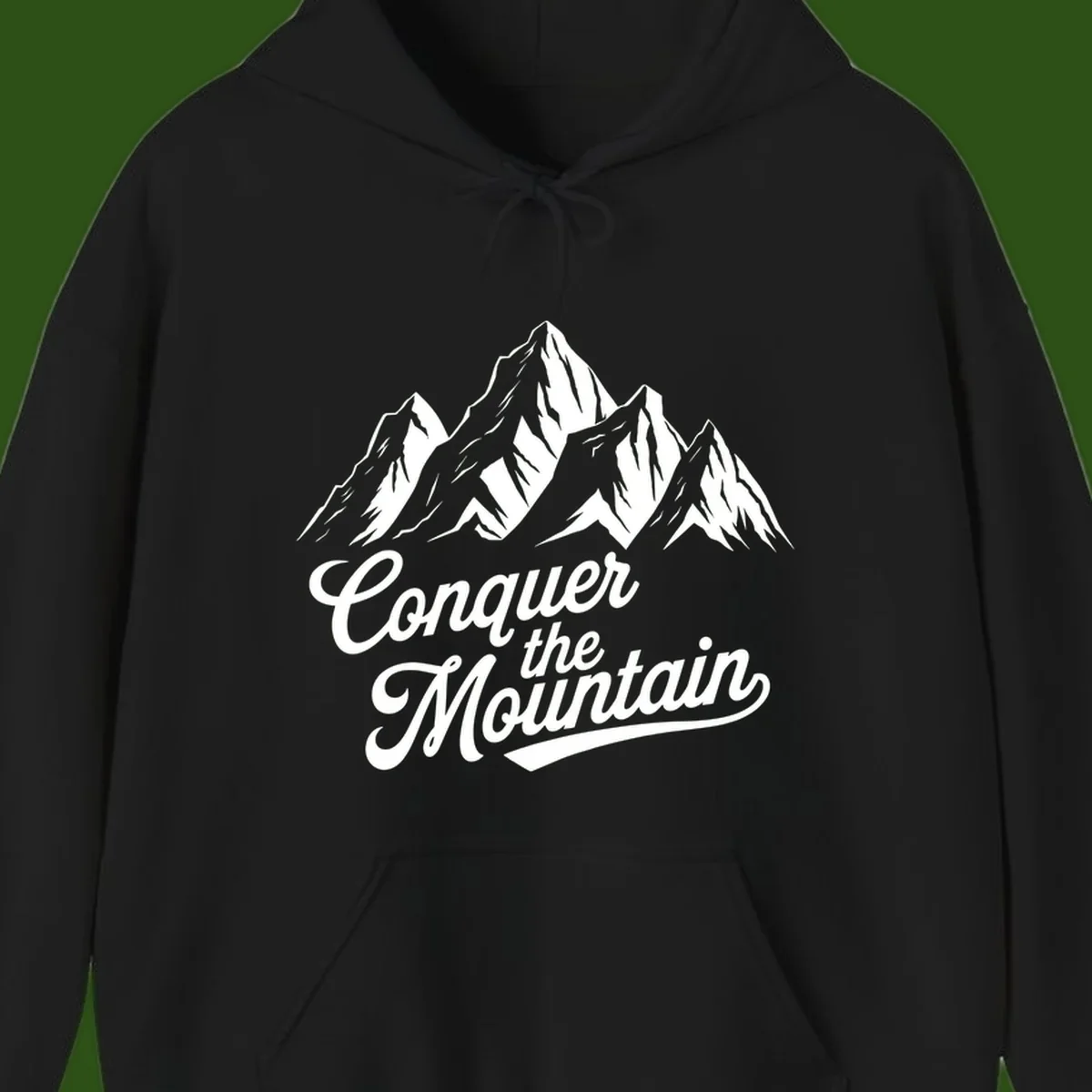 Vintage-style illustration of snow-capped mountain peaks with 'Conquer the Mountain' text in cursive script
