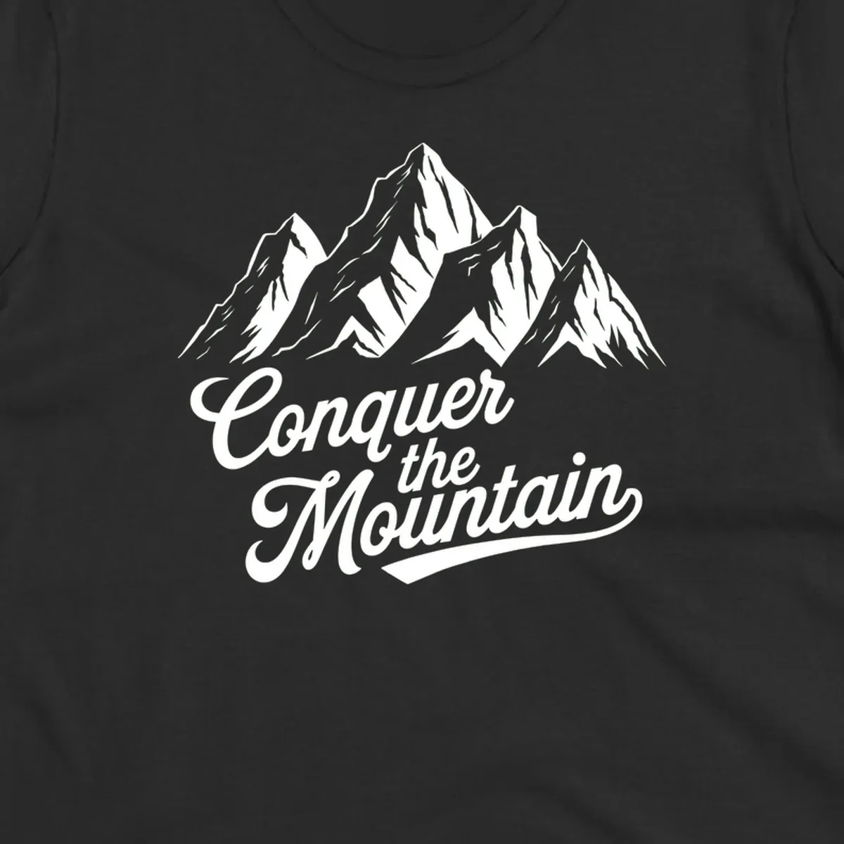 Vintage-style illustration of snow-capped mountain peaks with 'Conquer the Mountain' text in cursive script