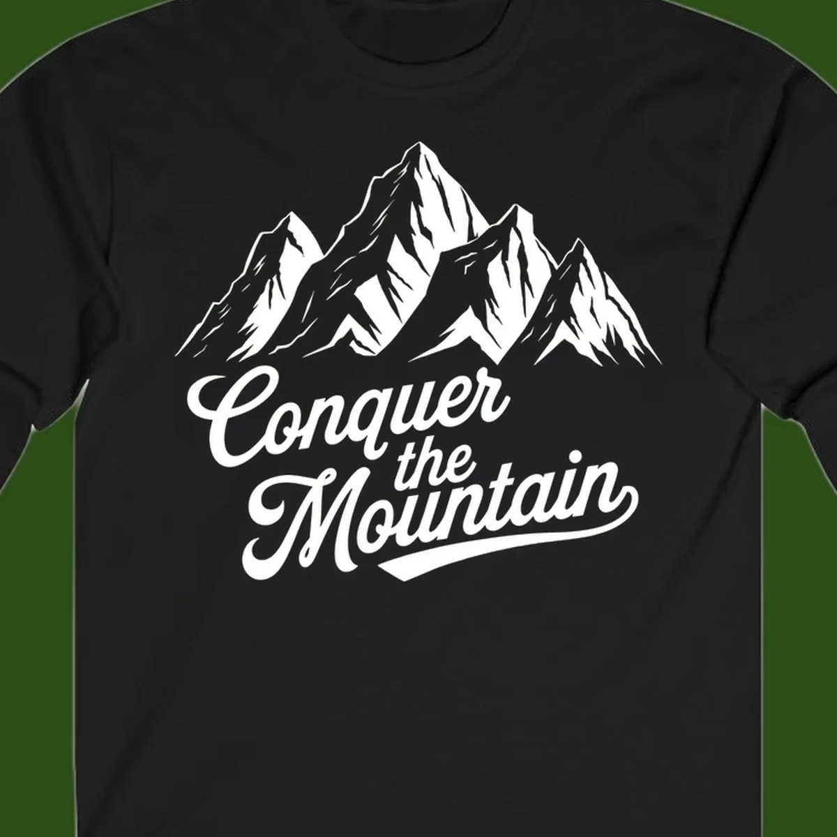 Vintage-style illustration of snow-capped mountain peaks with 'Conquer the Mountain' text in cursive script