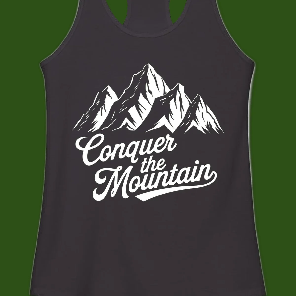 Vintage-style illustration of snow-capped mountain peaks with 'Conquer the Mountain' text in cursive script