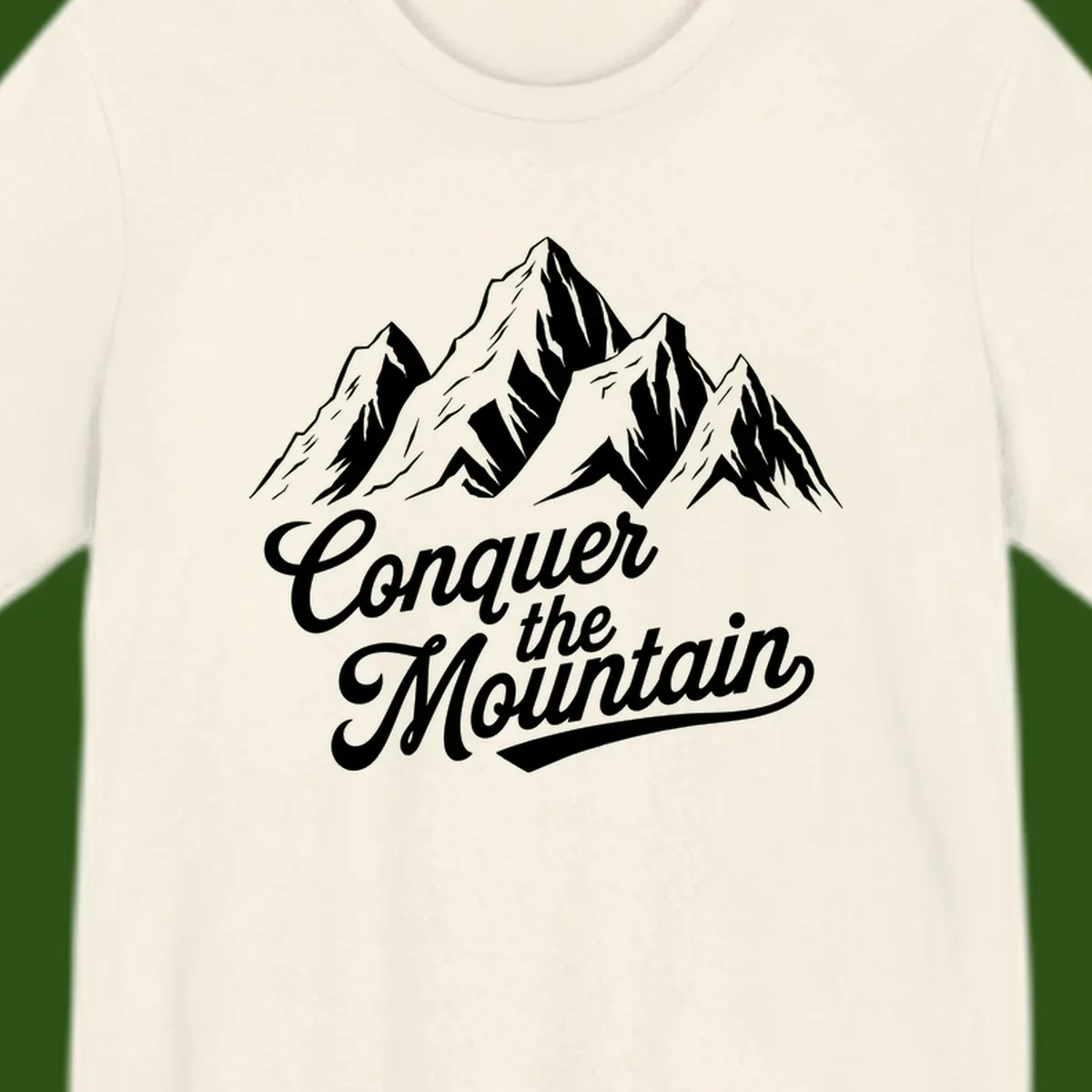 Vintage-style illustration of snow-capped mountain peaks with 'Conquer the Mountain' text in cursive script