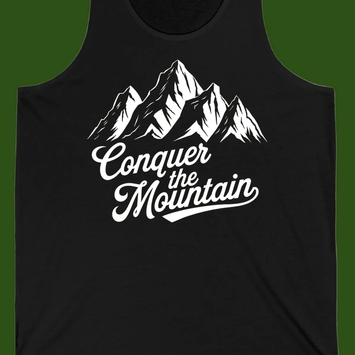 Vintage-style illustration of snow-capped mountain peaks with 'Conquer the Mountain' text in cursive script
