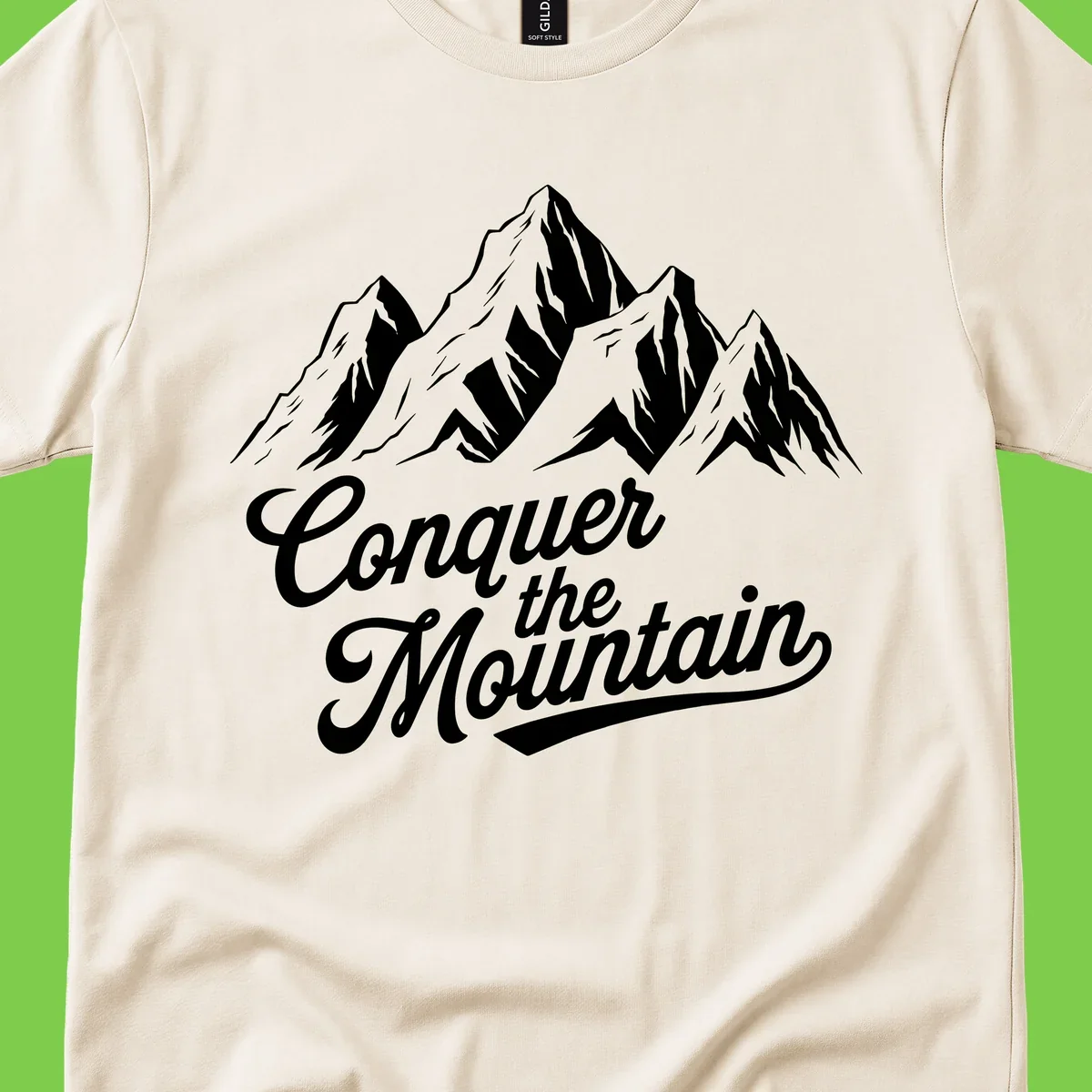 Vintage-style illustration of snow-capped mountain peaks with 'Conquer the Mountain' text in cursive script